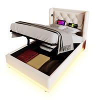 POLSTERBETT 90/200 cm mit USB, Typ-C, Matratze, 3-seitiger LED und hydraulischem Stauraum, Beige - Beige, Textil (90/200cm) - Redom