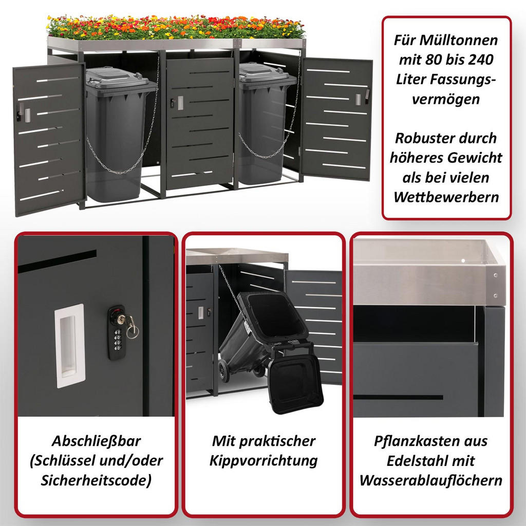 Thumbnail - MCW 3Er-Mülltonnenverkleidung, Anthrazit, Metall, 198x125x84 cm, Aufbewahrung & Schutzhüllen