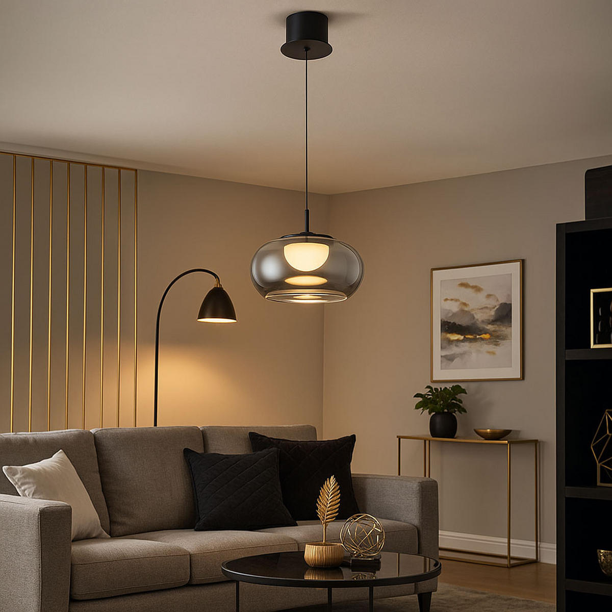 LED HÄNGELEUCHTE Metall Schwarz Glas Rauch - Bernsteinfarben, Glas (20/20/150cm) - Globo Lighting