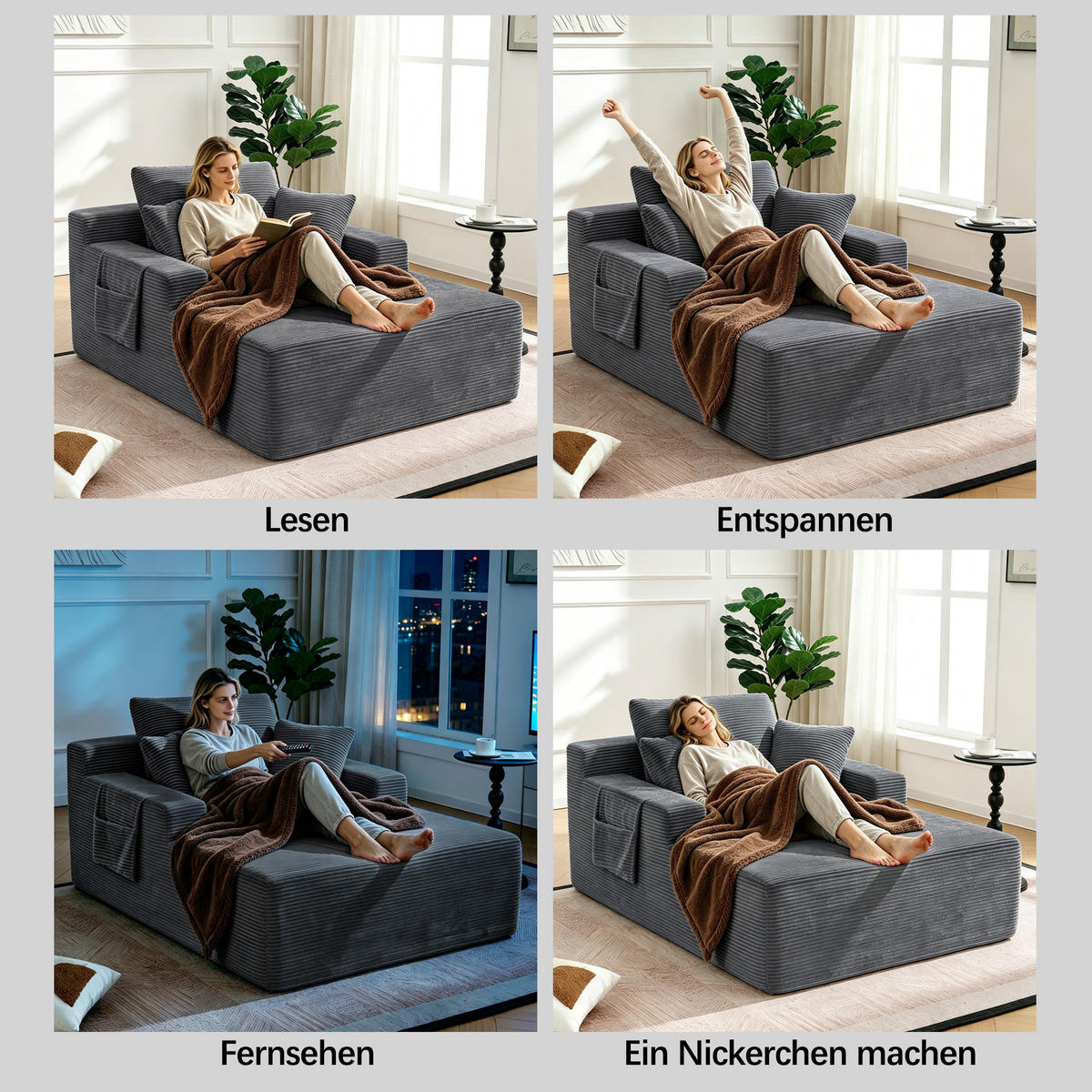 SCHLAFSOFA aus Cord mit Seitentaschen, weichen Kissen und Federkern - Dunkelgrau, Textil (110/150/70cm) - EVRYAE