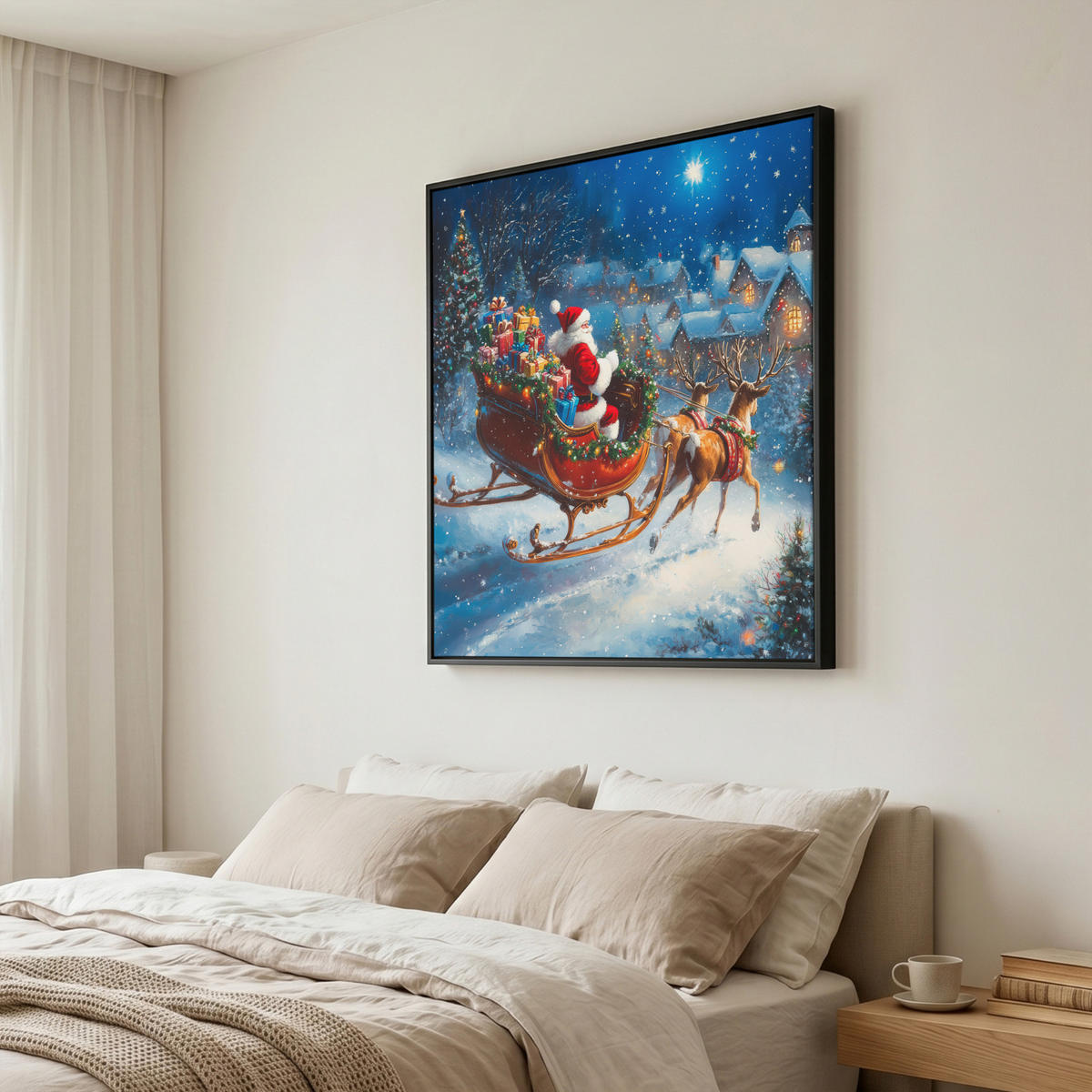 LEINWAND Bilder mit Rahmen - Weihnachtsmann - Rentier - Weihnachten - Schnee - 90x90 - Cognac, Textil (90/90cm) - MuchoWow