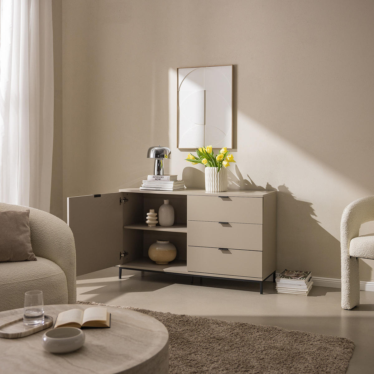 KOMMODE - Metall / MDF - 120 cm - Taupe/Schwarz, Holzwerkstoff/Metall (120/74/40cm) - home24