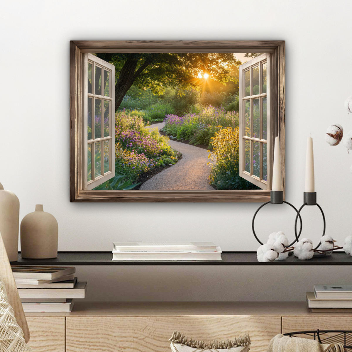 LEINWANDBILD Aussicht - Blumen - Natur - Sonne - Weg 40x30 cm - Hellgelb, Textil (40/30cm) - MuchoWow