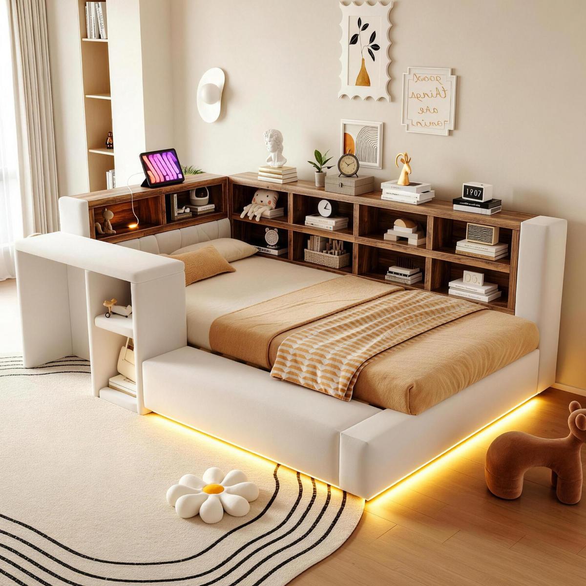 KINDERBETT 90/200 cm mit Stauraum, LED und Beistelltisch, DE-41695, in Beige - Beige, Holzwerkstoff (90/200cm) - ComfortXL