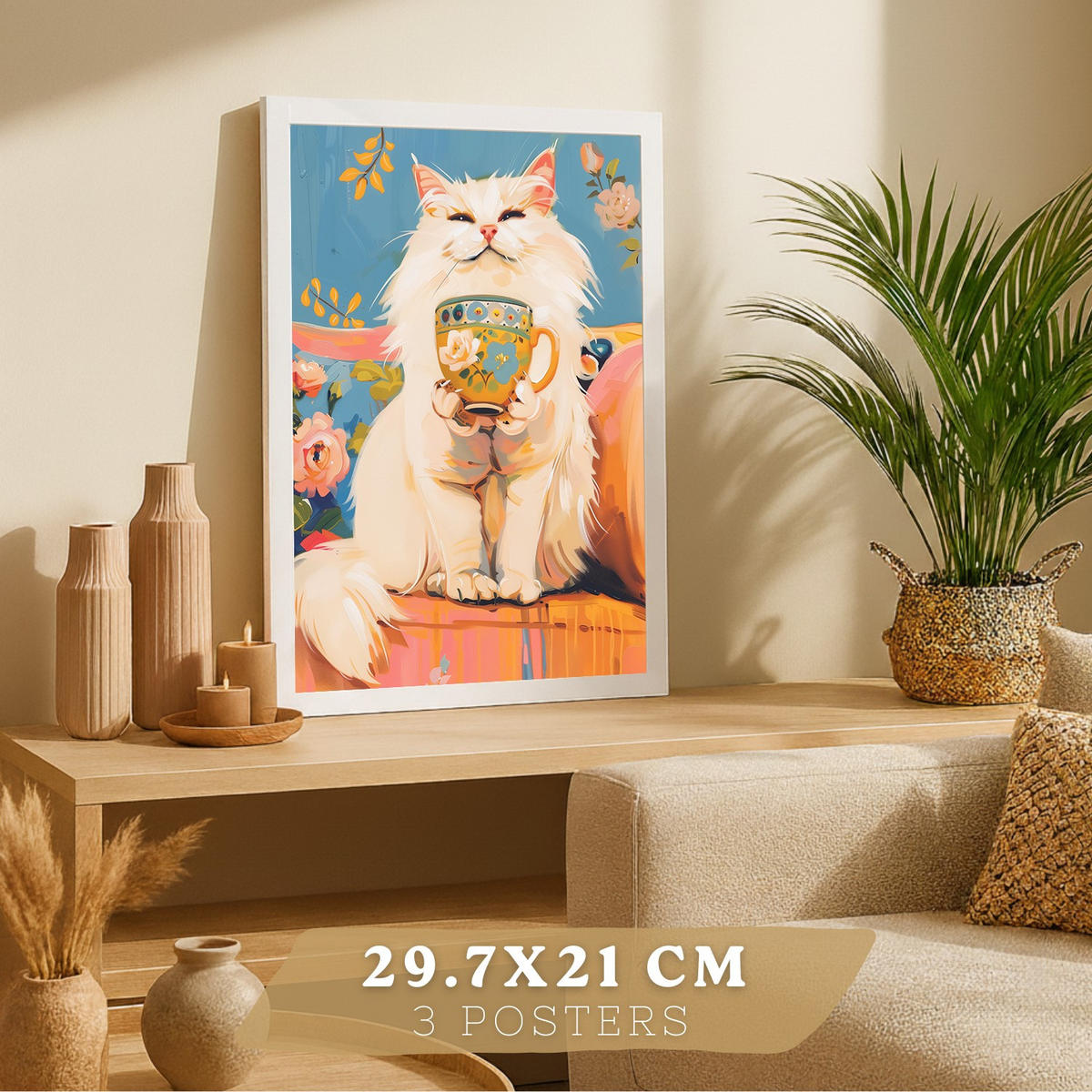 PLAKAT Sada 3 Funny Cats A3 Bílý rám - bílá, papír (29.7/1/42cm) - Nacnic