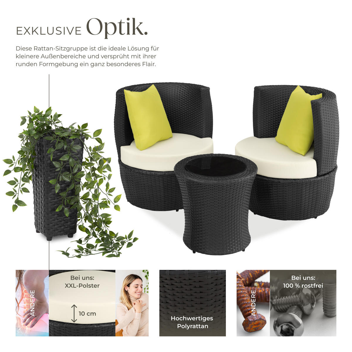 RATTAN SITZGRUPPE Nizza,stapelbar,schwarz - Schwarz, Kunststoff - tectake