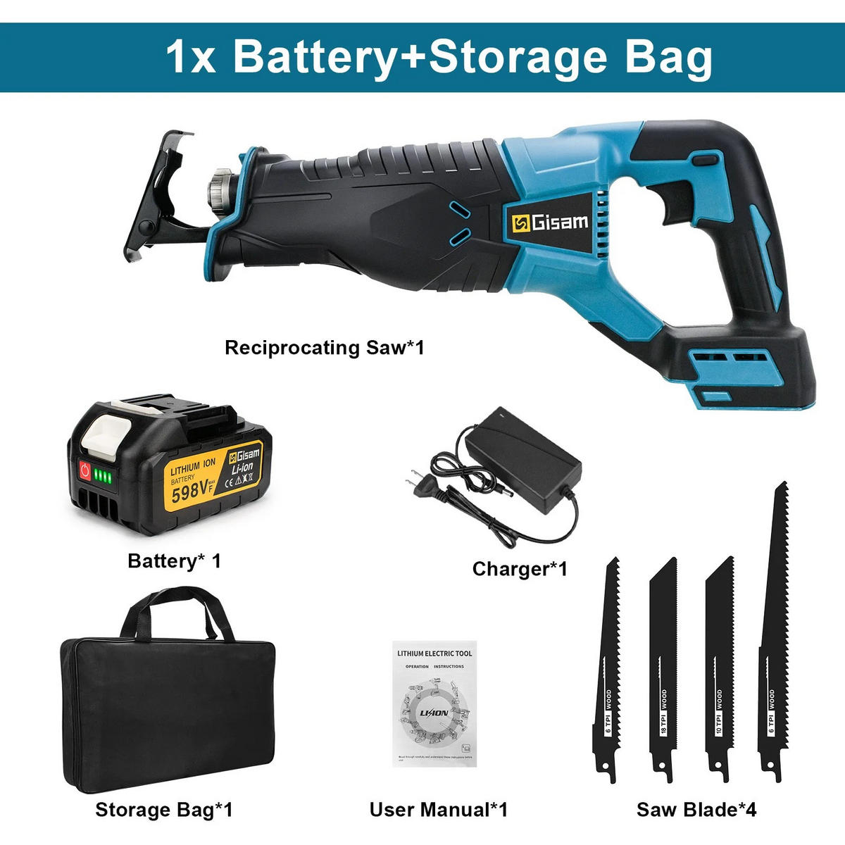SÄBELSÄGE kabellos 3000W 10000SPM Blau Mit 1 Akku - Blau, Metall (15/7/40cm) - Coonoor