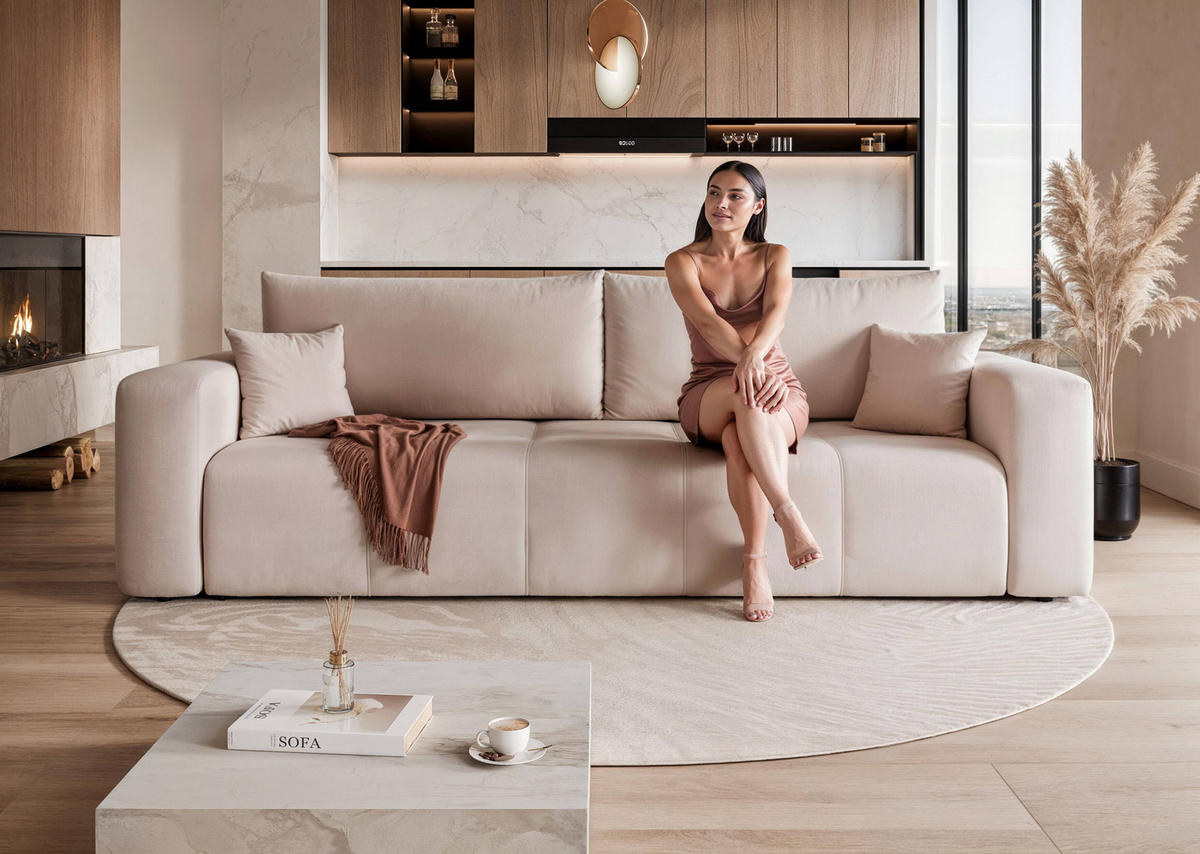 SCHLAFSOFA Velours mit Bettkasten und Schlaffunktion - Beige, Holzwerkstoff/Textil (246/79/93cm) - Idohome