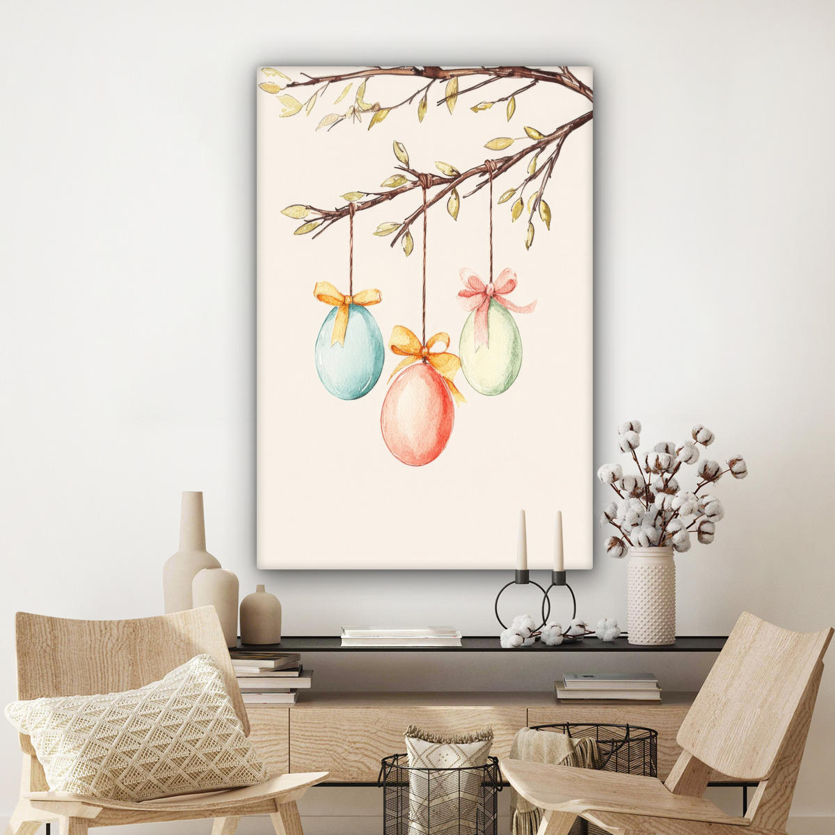 LEINWANDBILD Osterkuchen - Schleife - Eier Deko Groß 90x140 cm - Creme, Textil (90/140cm) - MuchoWow