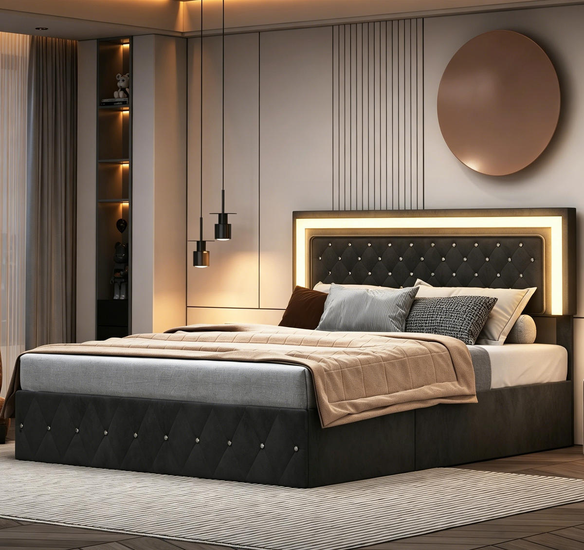 POLSTERBETT 160x200 cm mit höhenverstellbarem Kopfteil, Doppelbett mit Lattenrost - Schwarz/Naturfarben, Holz/Metall (140/200cm) - PARAFTA HOME