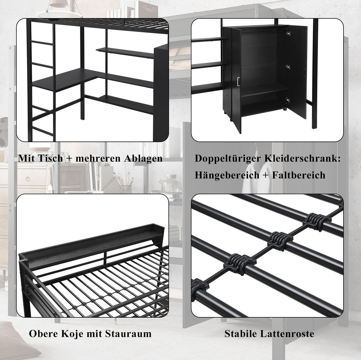 ETAGENBETT 90/200 cm Schwarz mit Tisch und Kleiderschrank - Weiß, Metall (90/200cm) - Flora Grace