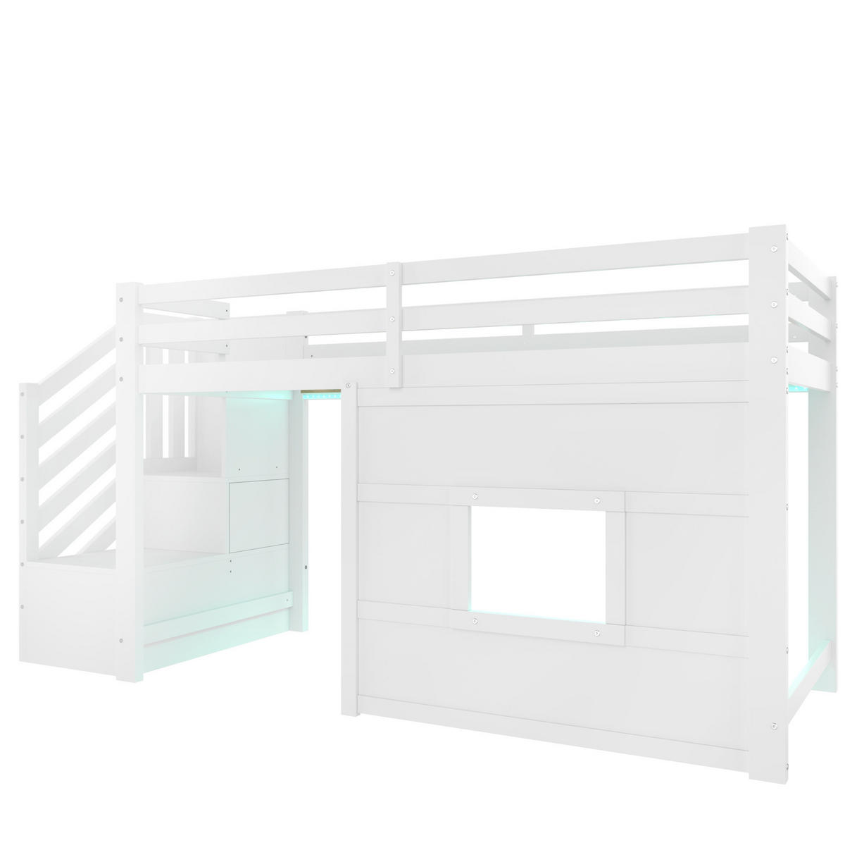 HOCHBETT 90/200 cm mit Stauraumtreppe, Fenster und LED-Beleuchtung aus Kiefer/MDF, Weiß - Weiß, Holzwerkstoff (90/200cm) - Redom