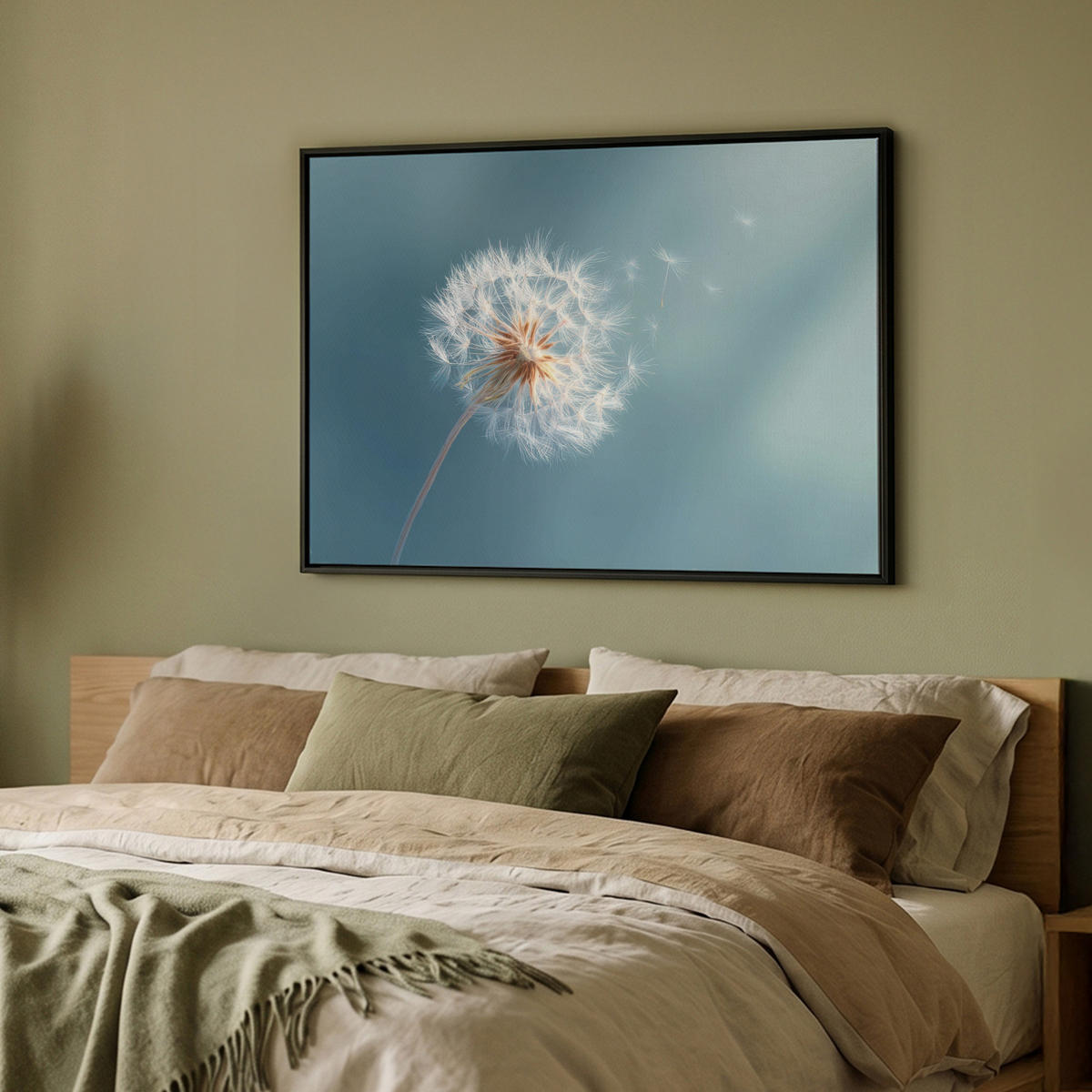 LEINWAND Bilder mit Rahmen - Löwenzahn - Wind - Blau - 100x70 - Blaugrau, Textil (100/70cm) - MuchoWow