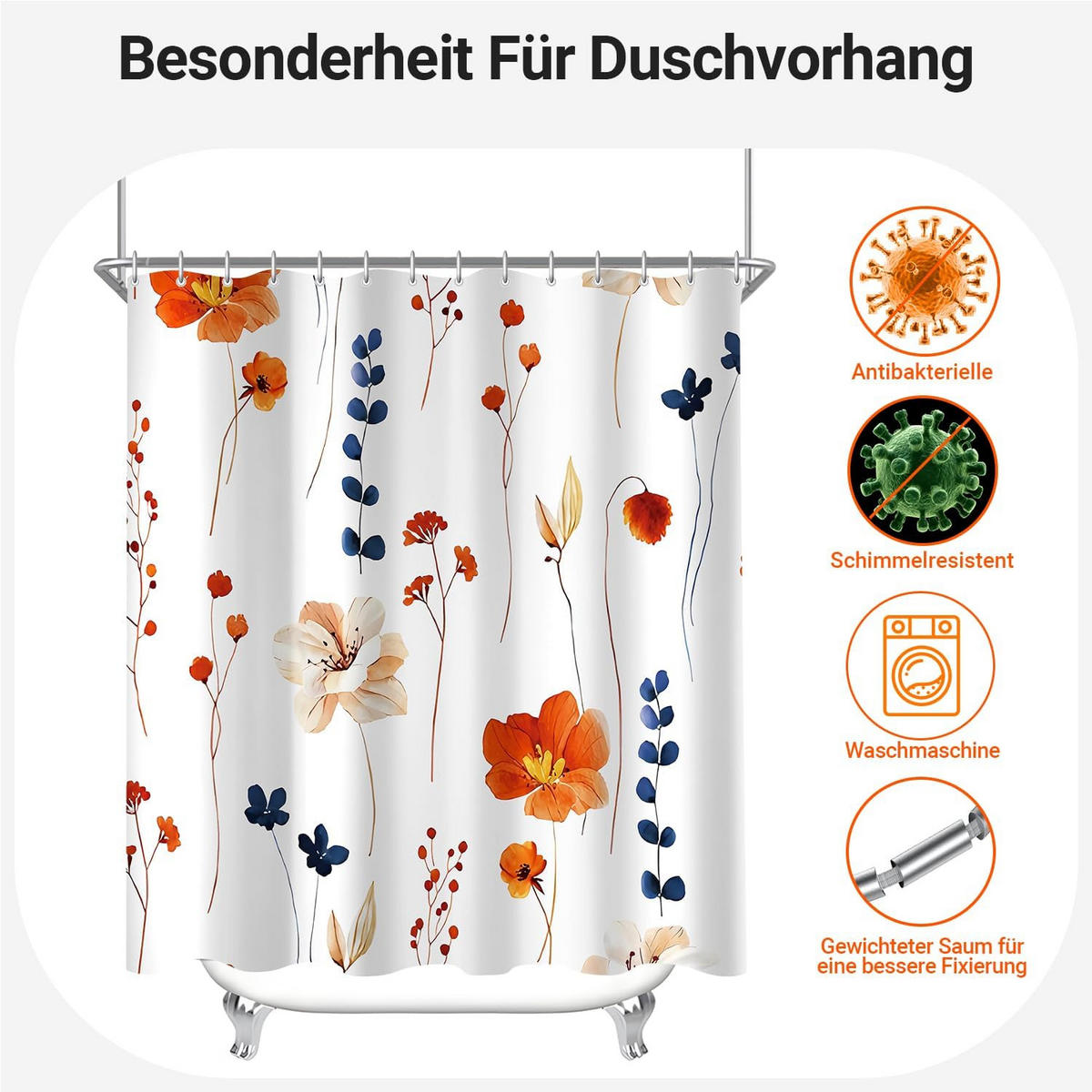 DUSCHVORHANG Blumen Muster beschwerter Saum schimmelresistent wasserabweisend waschbar Polyester fürs Badezimmer Badewanne - Orange, Textil (200/180cm) - MCBOSON