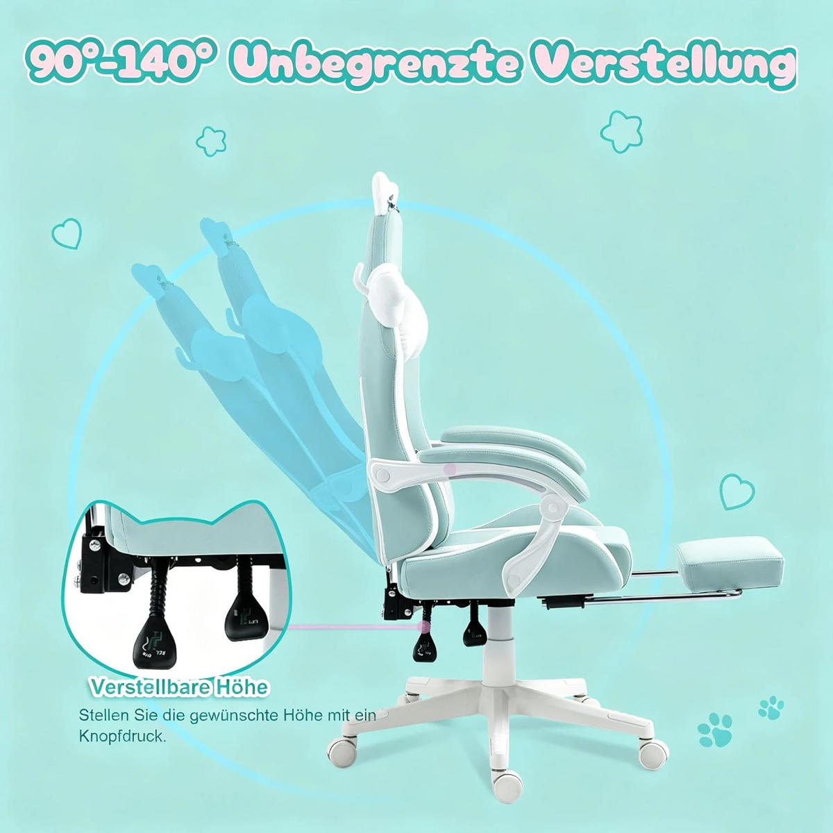 GAMING Stuhl & Lendenwirbelstütze/Hoher Rückenlehne/Fußstütze PU-Leder - Blau, Leder (72/118/72cm)