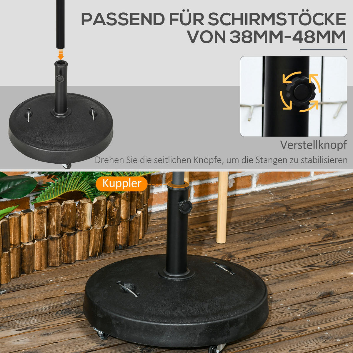 SCHIRMSTÄNDER, Kunstharz, Stahl, Schwarz - Schwarz, Kunststoff/Metall (53/53cm) - Outsunny