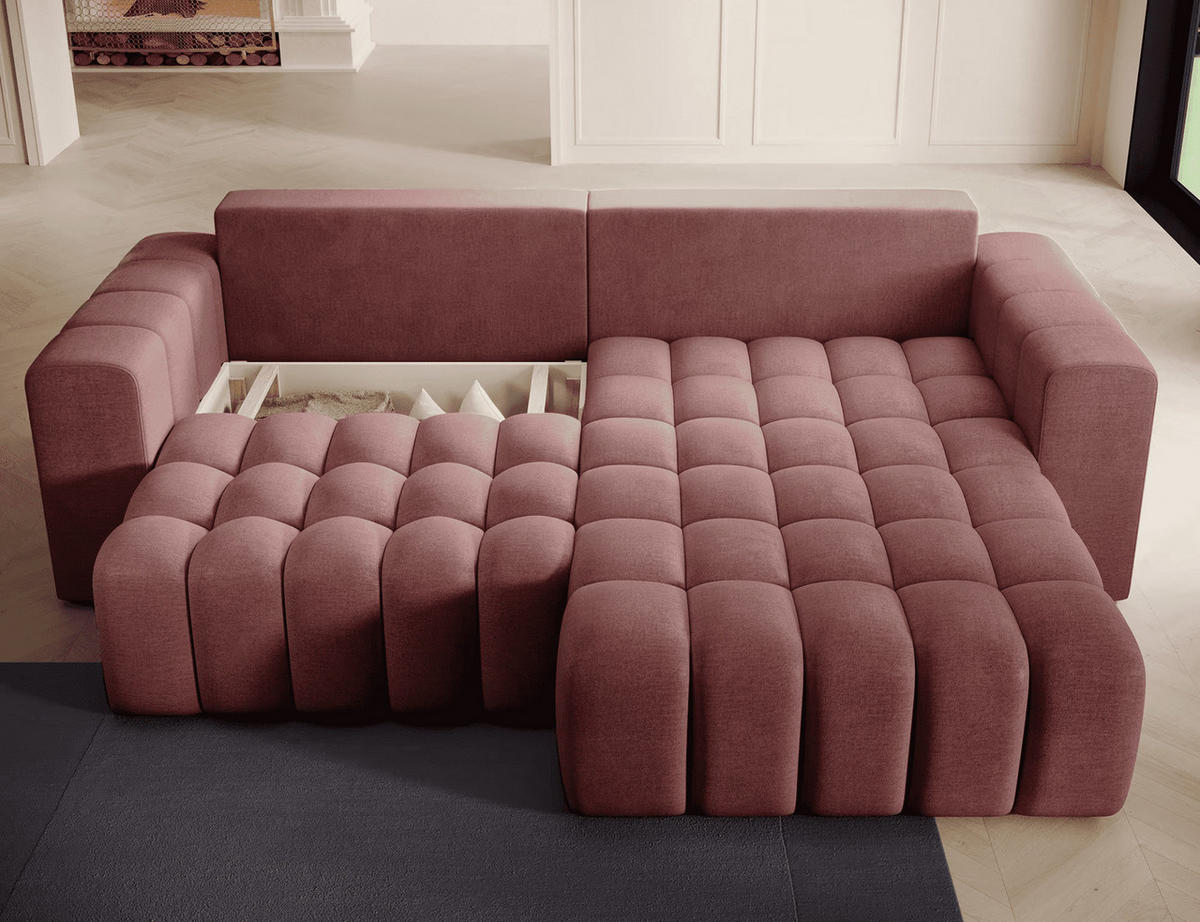 ECKSOFA mit Schlaffunktion und Bettkasten, Velours-Stoff - Rot/Schwarz, Textil (175/250cm) - Eltap
