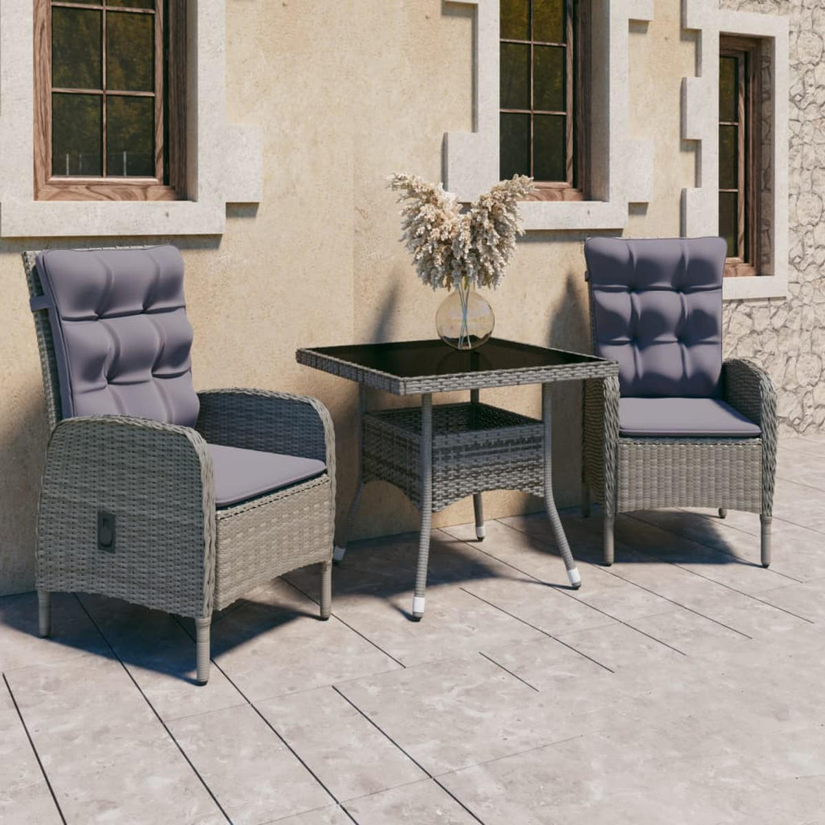 LOUNGEGARNITUR mit Kissen und Bistrotisch, aus Poly Rattan und Glas, in Grau, 3-teiliges Set - Grau, Kunststoff - vidaXL