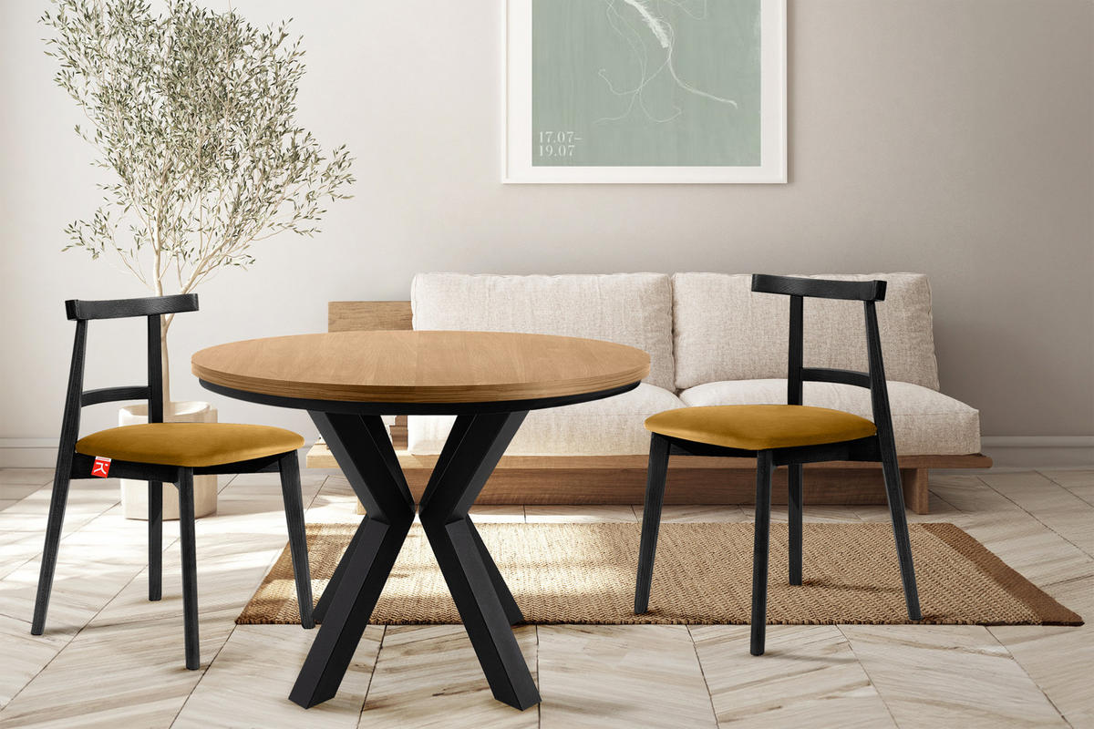 ESSTISCH ROSTEL Ausziehbar 100-140cm Rund, goldene eiche/schwarz - Eichefarben/Schwarz, Holz (100/140/75cm) - KONSIMO®