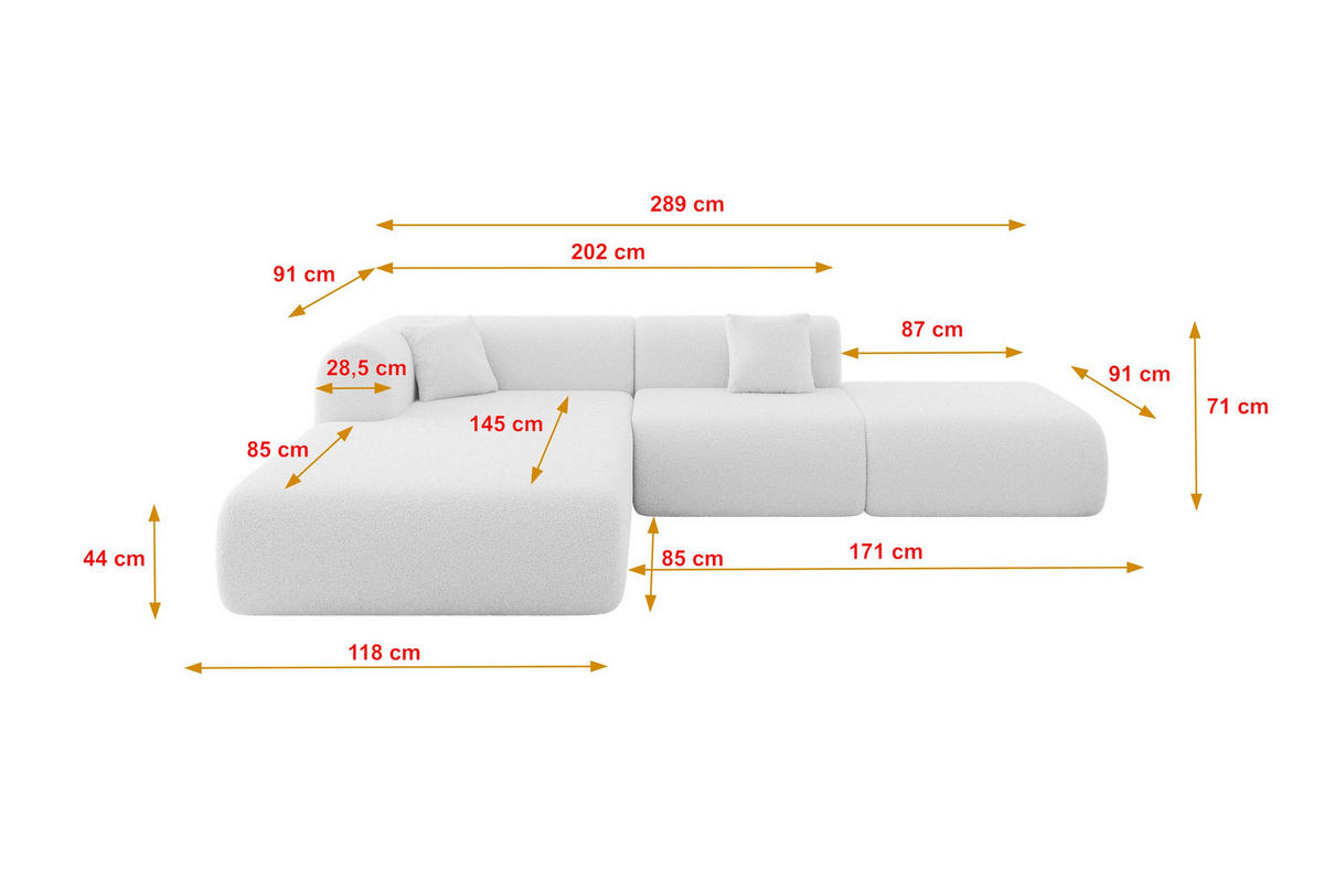 ECKSOFA Ottomane Links OVLY-L 289x176x71 Weiß Bouclé - Schwarz/Weiß, Holzwerkstoff/Kunststoff (176/289cm) - ALTDECOR