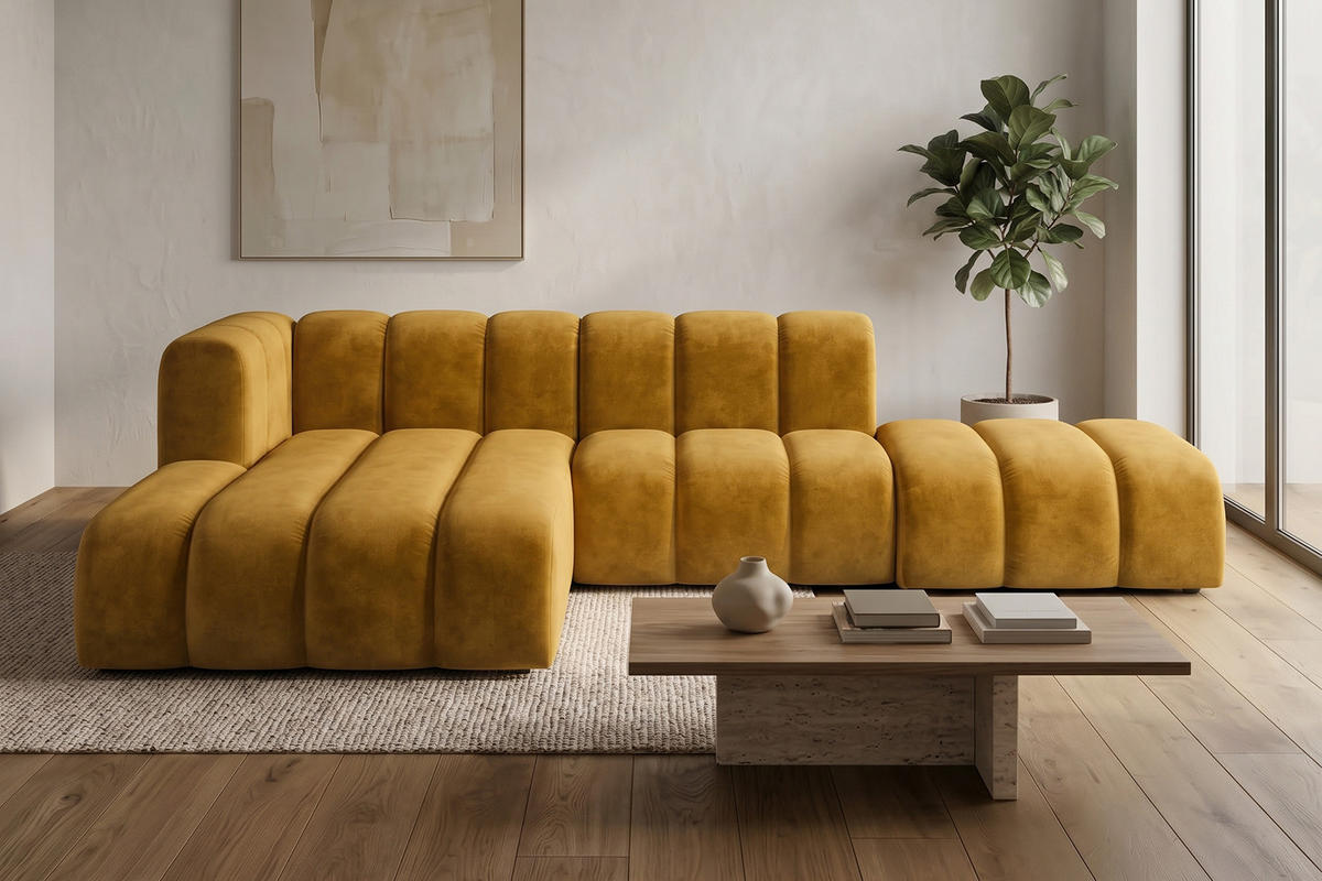 ECKSOFA Modulares In L-Form Mit Hocker, Velvet-Stoff Riviera, Senffarbe, Links, GRAND Mini - Gelb, Holz (295/179cm) - Kaiser Möbel
