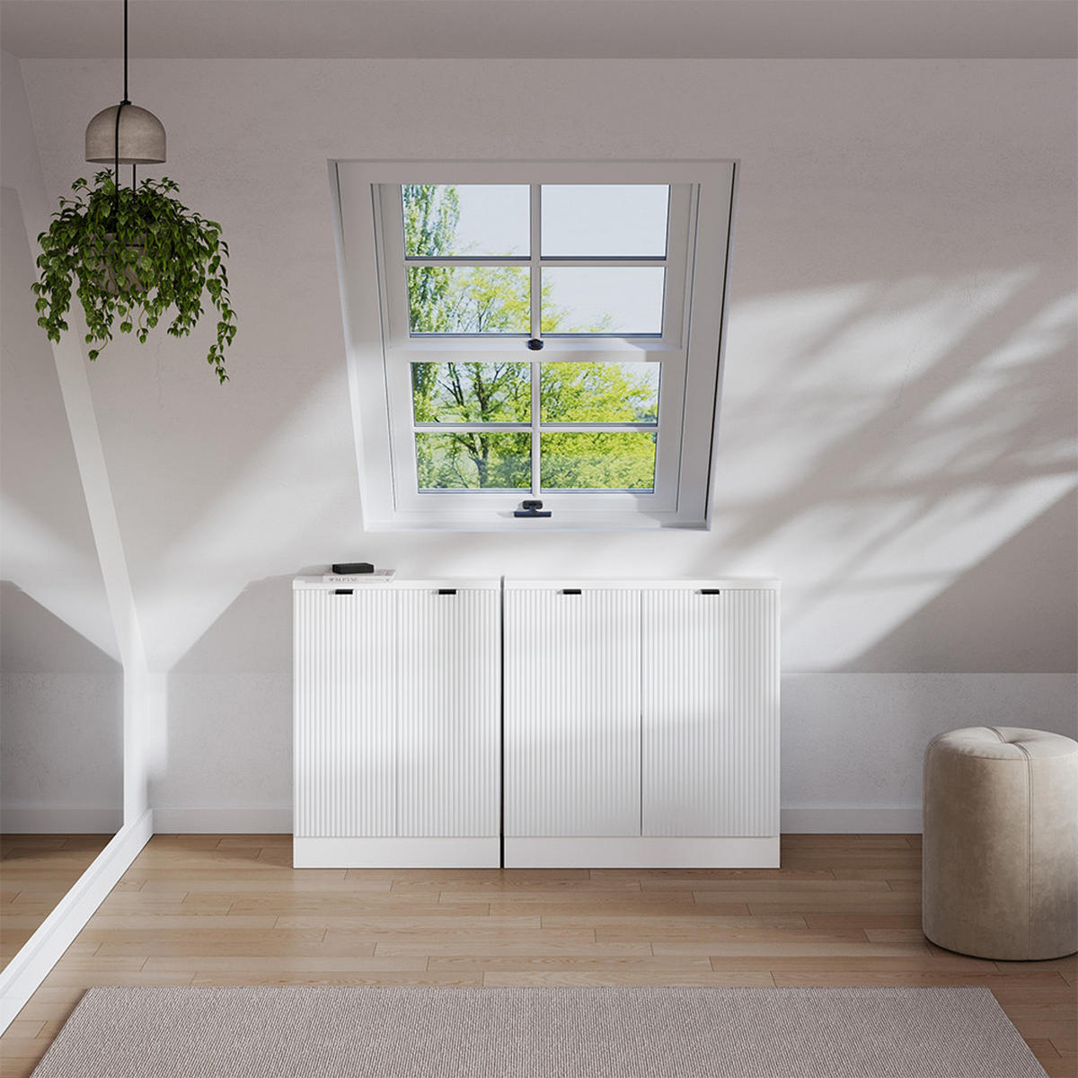 DACHSCHRÄGENSCHRANK-SET Rion Weiß Riffel 140 cm 2er Set - Weiß, Holzwerkstoff (140/81.6/46cm) - Vicco
