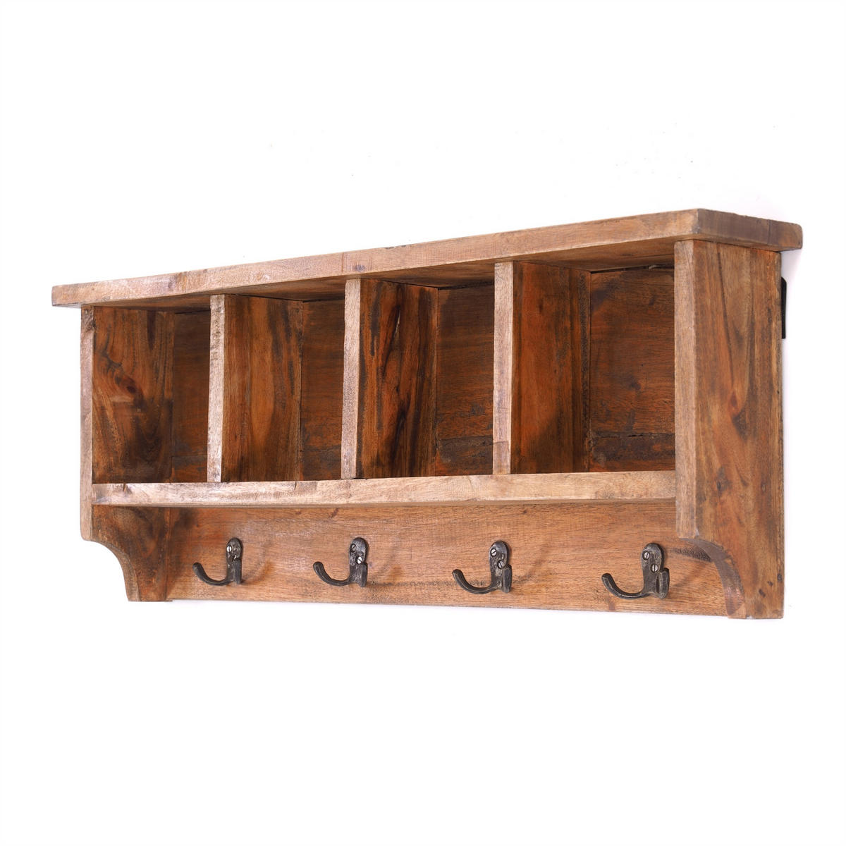 WANDGARDEROBE VINTAGE 70 Recyclingholz massiv, 4 Doppelhaken, 4 Fächer, Ablage 01 natur-vintage - Naturfarben, Holz (70/27/11cm) - DESIGN DELIGHTS