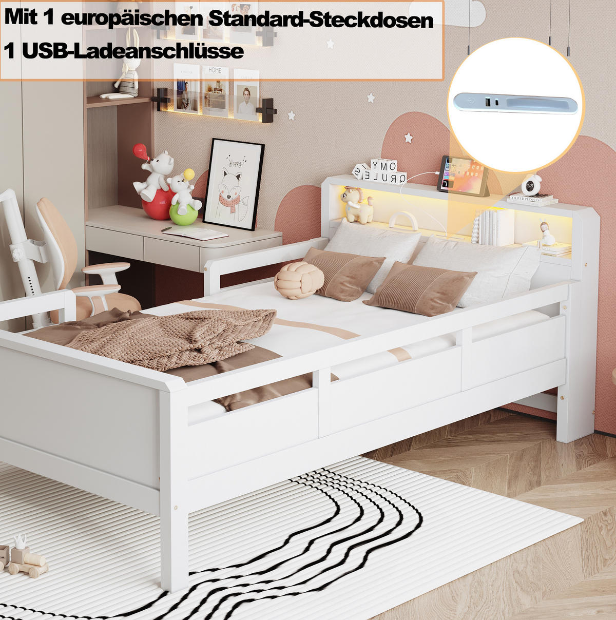 KINDERBETT 90/200 cm aus Kiefern mit LED-Leuchte, USB- und Type-C-Anschluss sowie Kopfteil mit Ablagefach, Weiß - Weiß, Holzwerkstoff (90/200cm) - Redom
