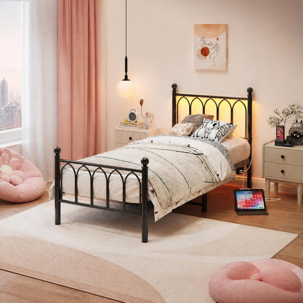 METALLBETT 90/200 cm in Schwarz mit LED, USB und Steckdose - Schwarz, Metall (90/200cm) - CHICFURN