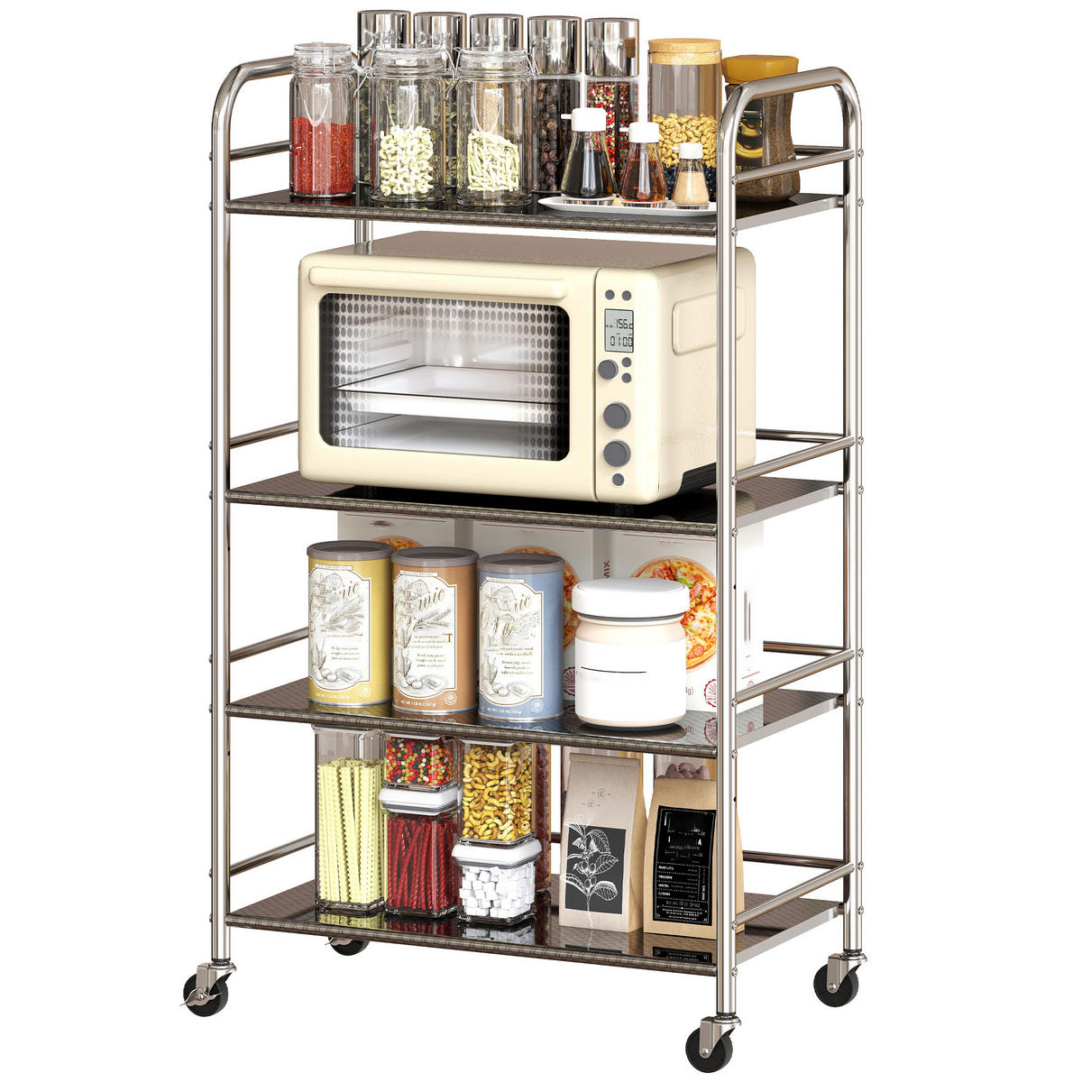 ROLLWAGEN DE-10536 4 Ebenen mit verstellbaren Regalen Silber - Silberfarben, Metall (35/100/60cm) - ComfortXL