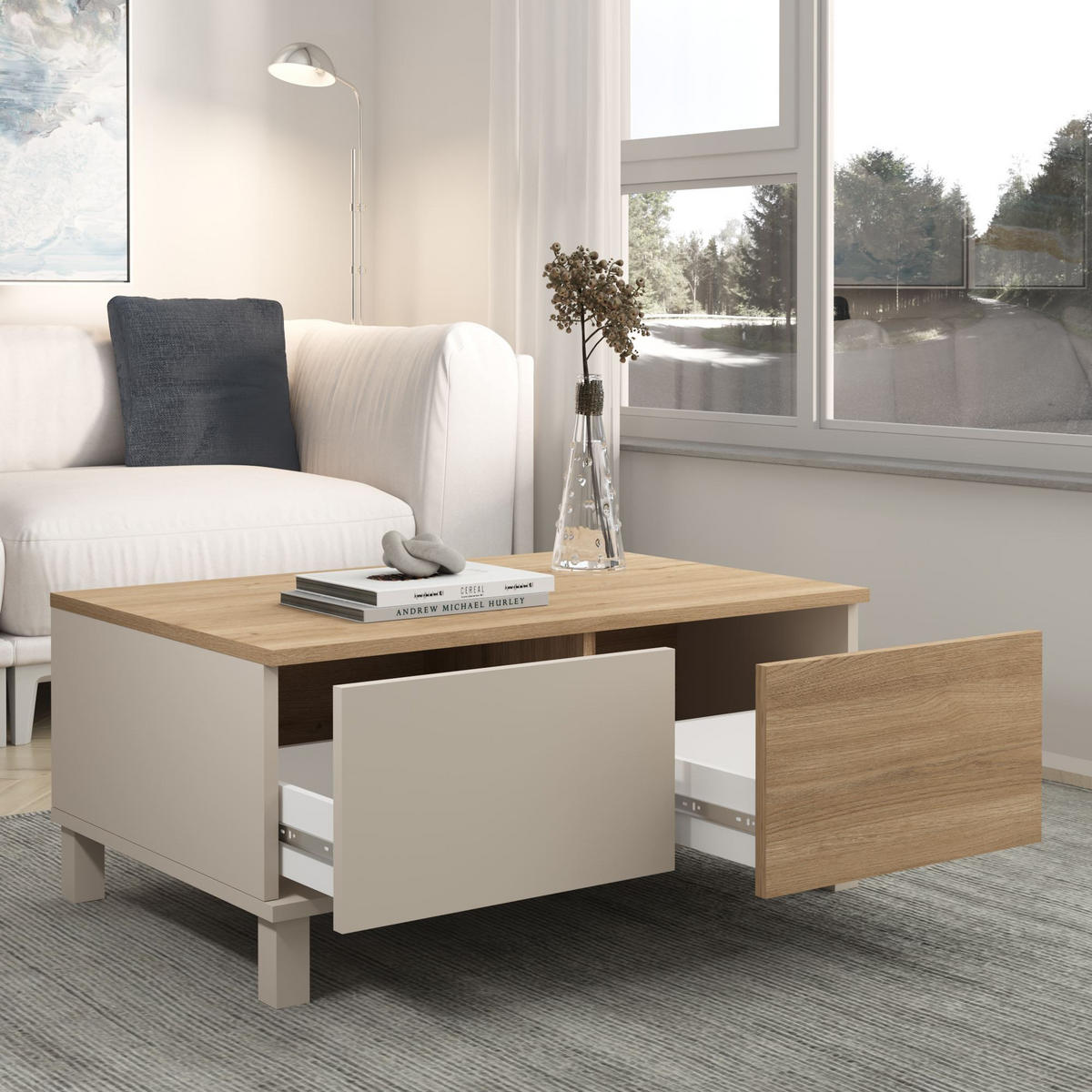 COUCHTISCH 2 Schubladen, 1 offenem Fach, Dekor Kaschmir und Eiche, 60/40/90 cm - Beige, Holzwerkstoff (11/60/40cm) - Calicosy