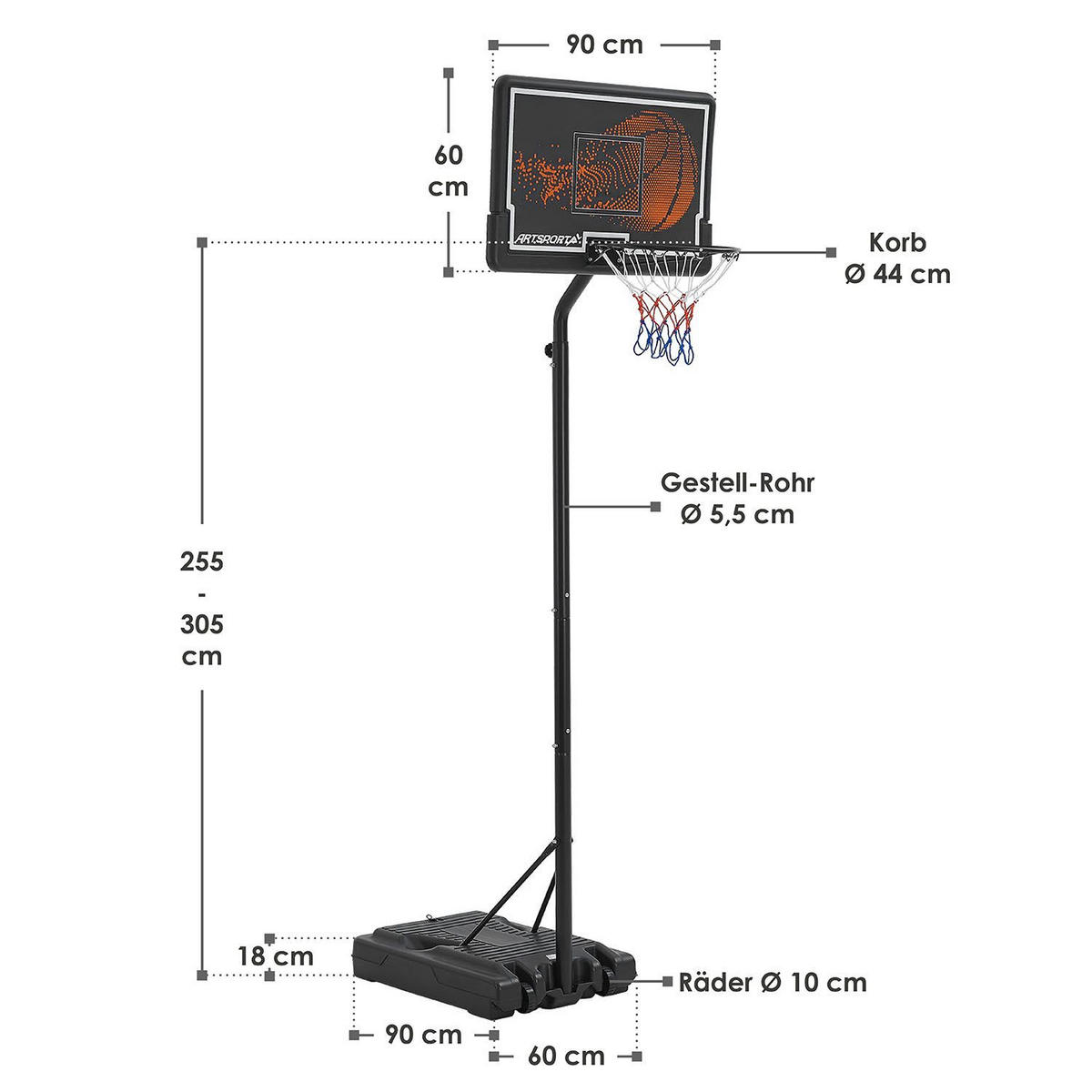BASKETBALLKORB In- & Outdoor höhenverstellbar - Schwarz, Metall (60/90cm) - Artsport