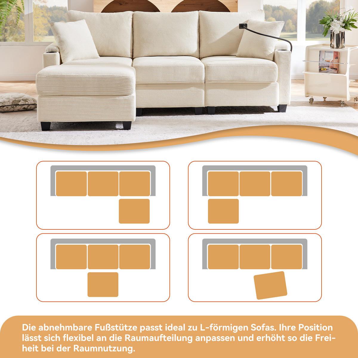 4-SITZER ECKSOFA Cord Beige mit USB, Ablage und mit Kissen - Beige, Holzwerkstoff/Kunststoff (213.5/139cm) - WISHDOR