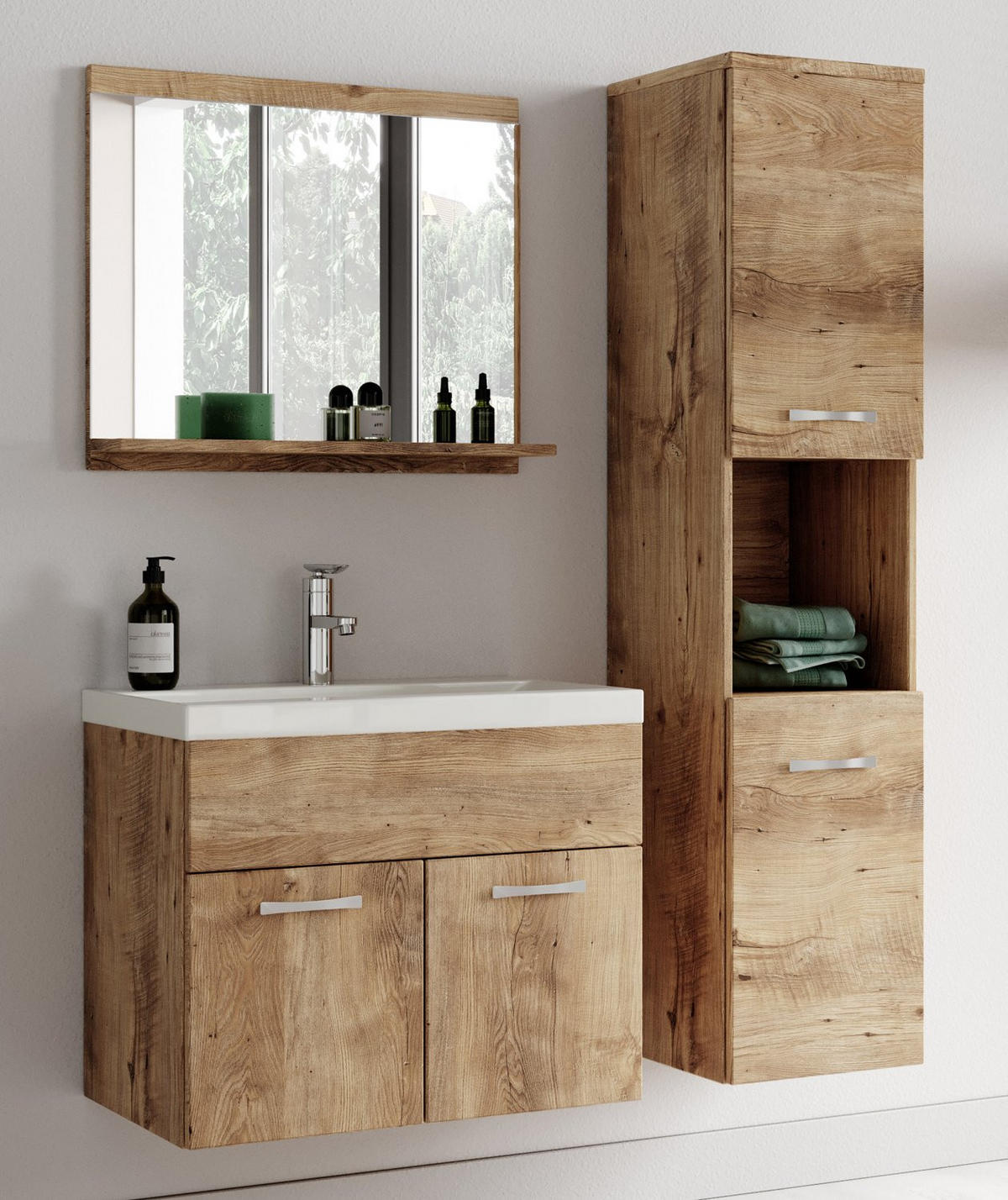 BADMÖBEL-SET Montreal 4 Teile Kastanien Eiche - 60 x 35 x 51 cm - Chromfarben/Nussbaumfarben, Holz/Metall (60/51/35cm) - Badplaats