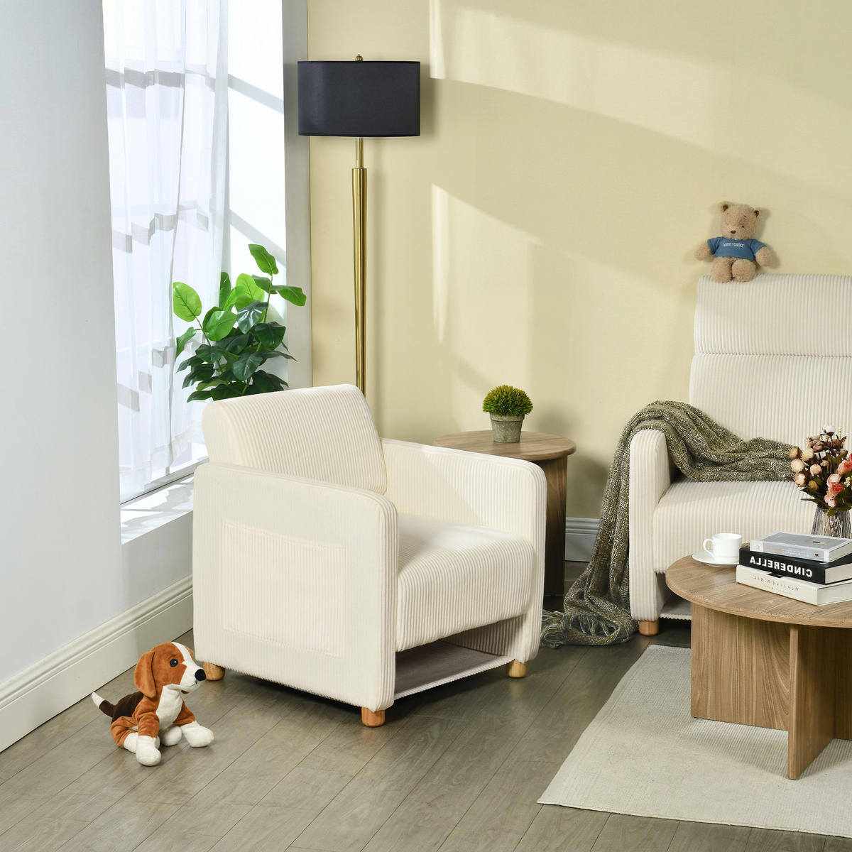 SESSEL, Gepolsterte breite Sitzfläche mit Armlehnen, Cordbezug, Massivholzfüße, Beige - Beige, Holz (46.5/77.5/46.5cm) - Meubles Cosy