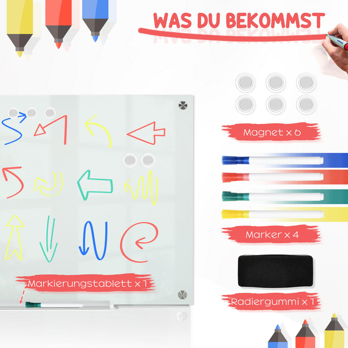 MAGNETTAFEL mit 4 Stifte, 6 Magnete, 1 Schwamm,1 Ablage, abwischbar, 90 x 60 cm - Weiß, Kunststoff (60/2.8/90cm) - Vinsetto
