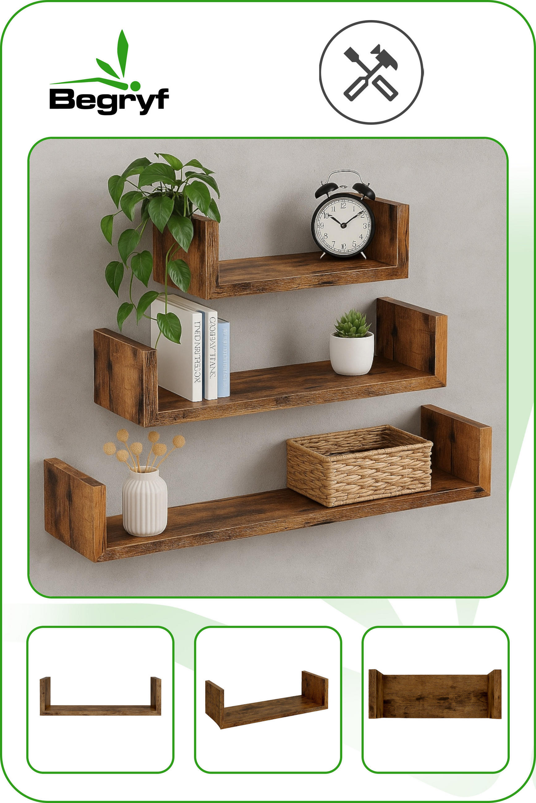 WANDREGAL Holzoptik Dunkelbraun 3er-Set U-Form 30/45/60x15x10 cm - Dunkelbraun, Holzwerkstoff (60/10/15cm) - Begryf