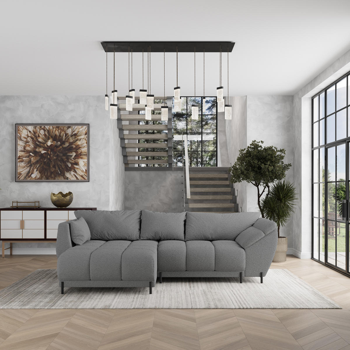 ECKSOFA VESTANO L-S Grau Boucle-Stoff mit Schlaffunktion - Grau, Holz (287/182cm) - MASSENO