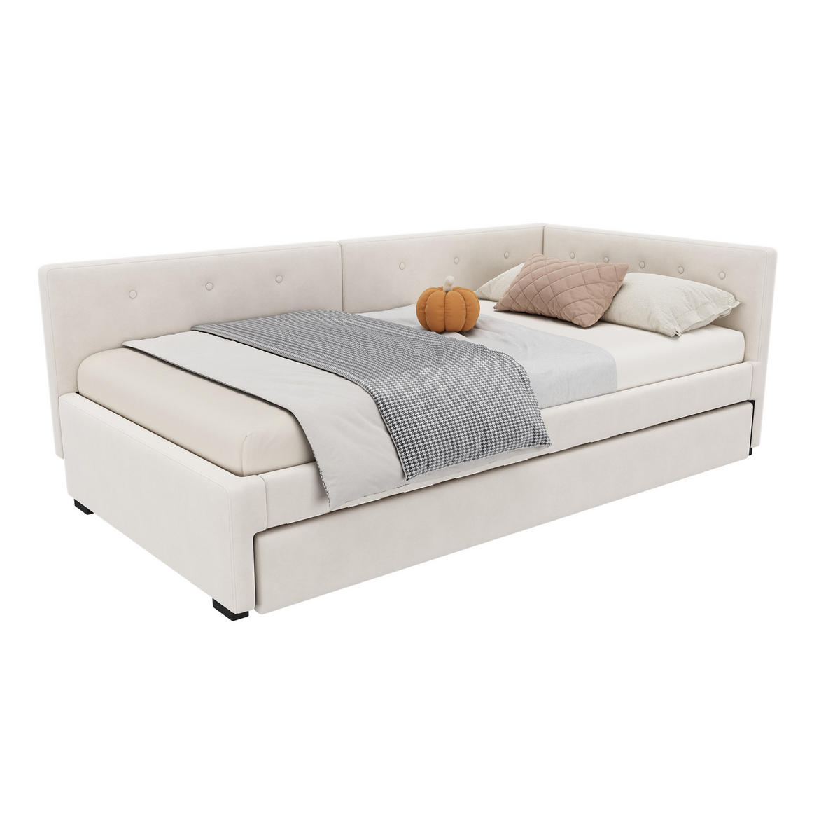 DENNÁ posteľ 90/200 cm béžová s výsuvným lôžkom zo zamatu a MDF - béžová, textil (90/200cm) - OKWISH