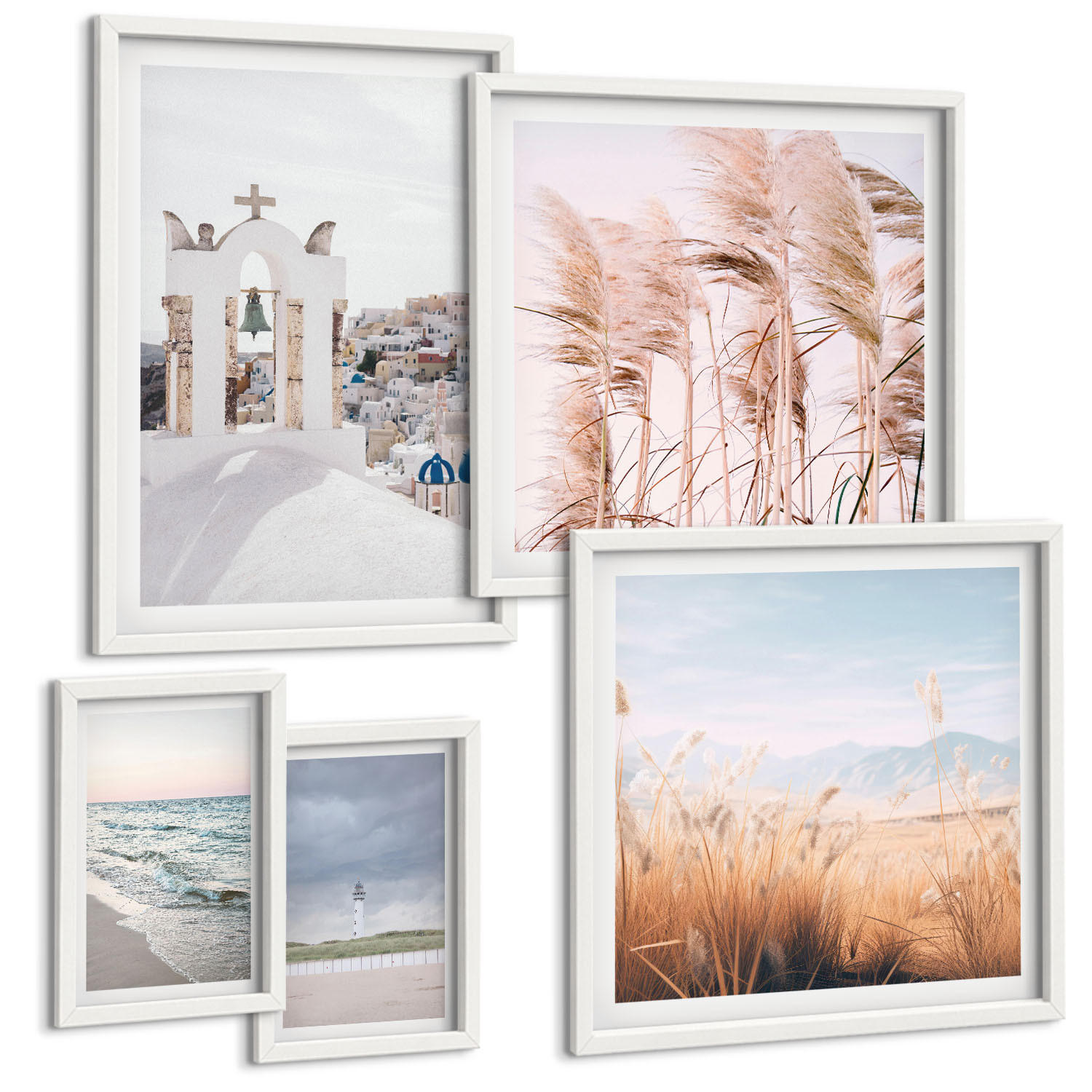 BILDER SET 5er Set - 50x50 cm & 20x30 cm & 40x60 cm Weißer Rahmen - Pflanzen, Meereswellen, Aussicht, Häuser - Weiß, Kunststoff (40/60cm) - TULUP