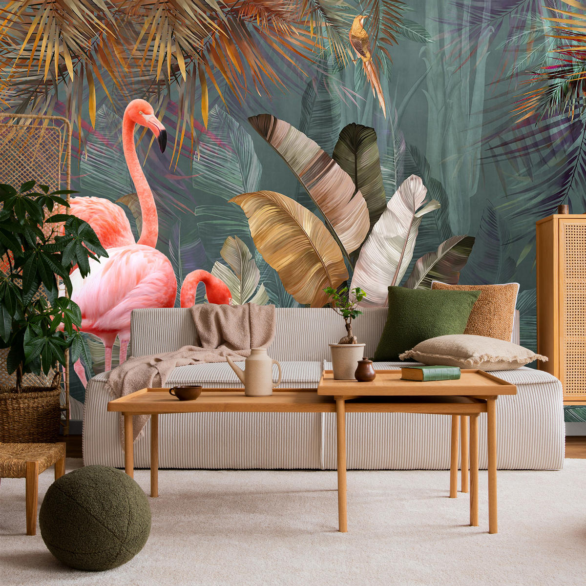 FOTOTAPETE für Wohnzimmer Flamingos Dschungel Blätter Tropisch 450x315 - Multicolor, Papier (450/315cm) - Muralo