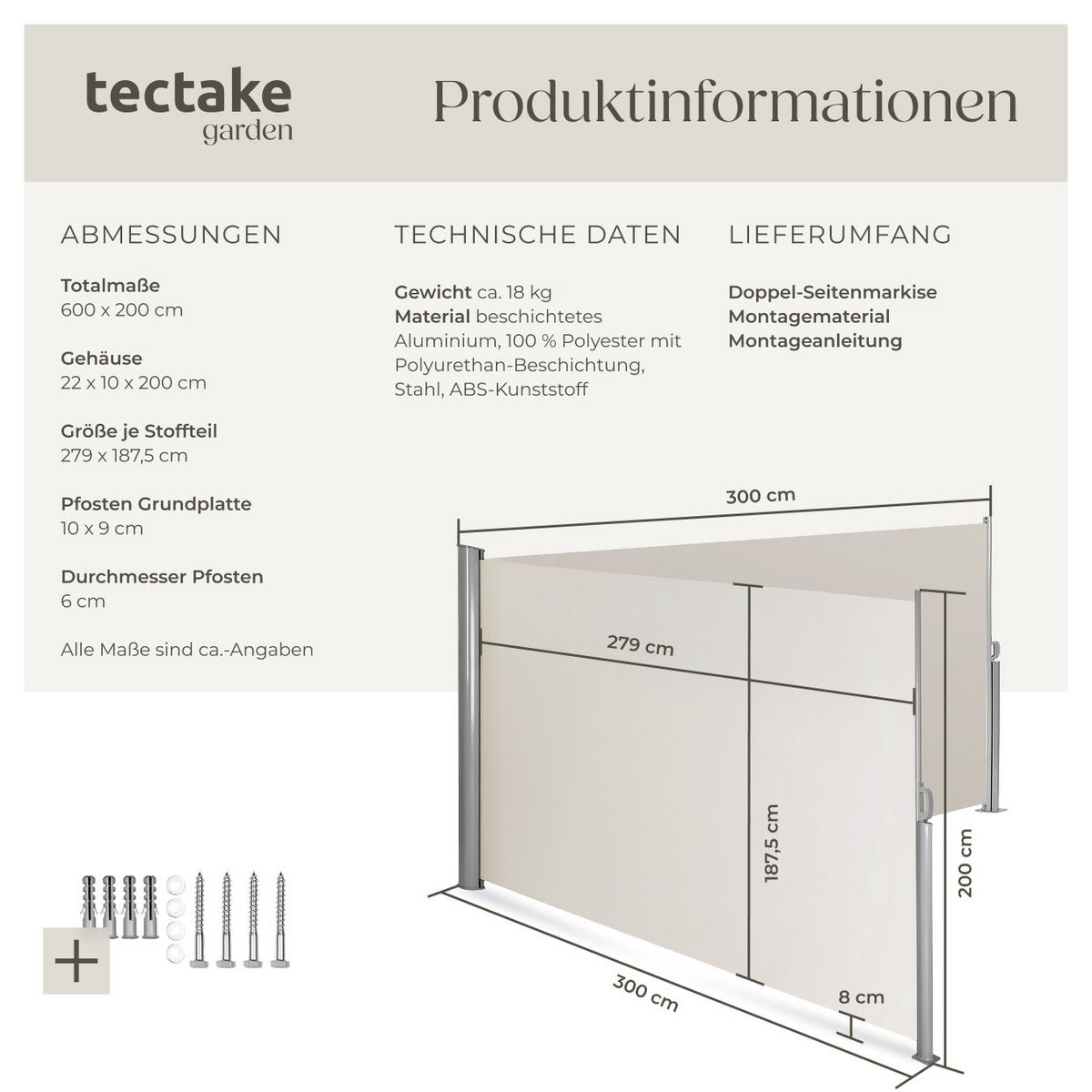 SEITENMARKISE doppelt, 200 x 600 cm,beige - Beige, Textil (200/10cm) - tectake