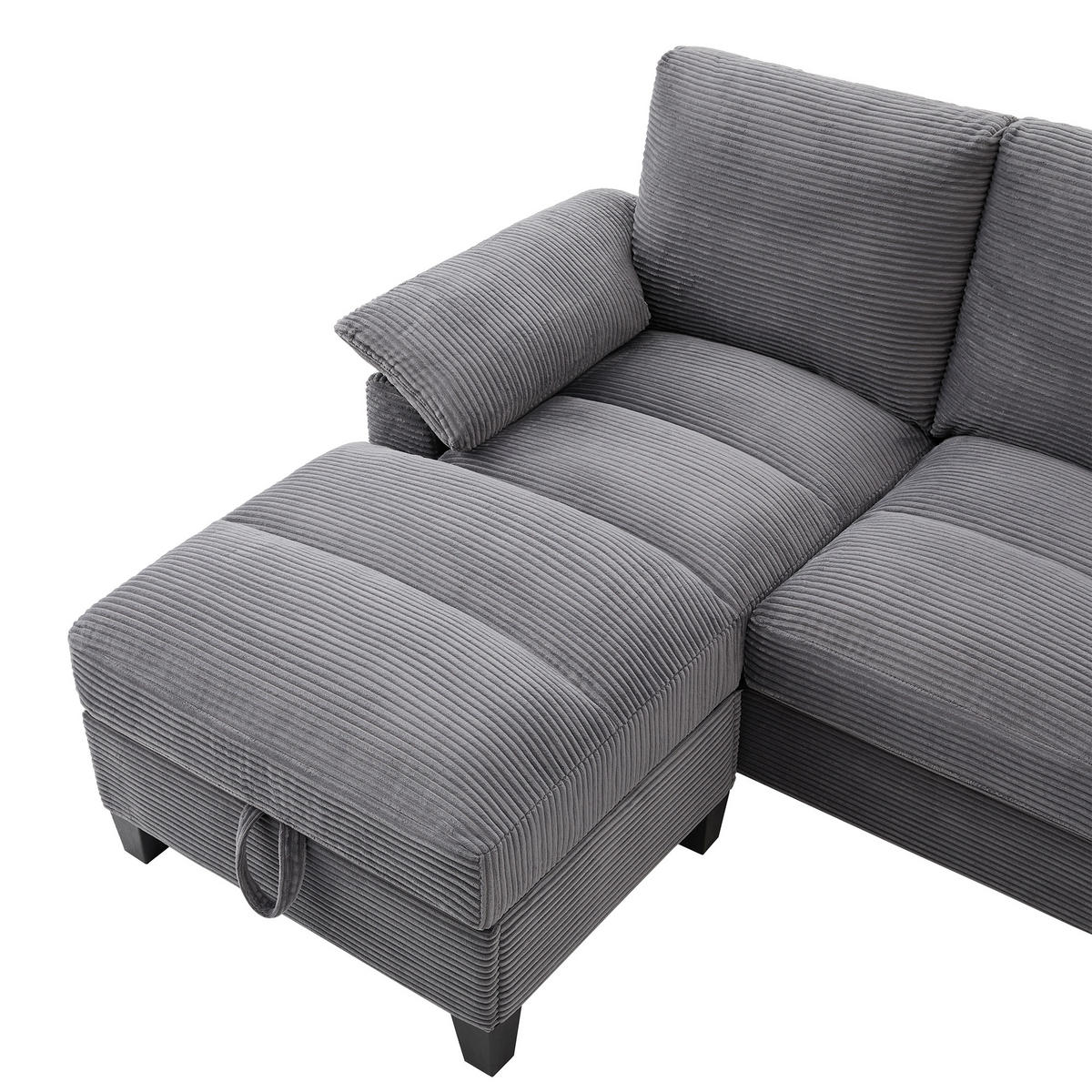 WOHNLANDSCHAFT Cord Grau mit Stauraum, USB und Getränkehalter - Grau, Holzwerkstoff/Kunststoff (293/93/142cm) - WISHDOR