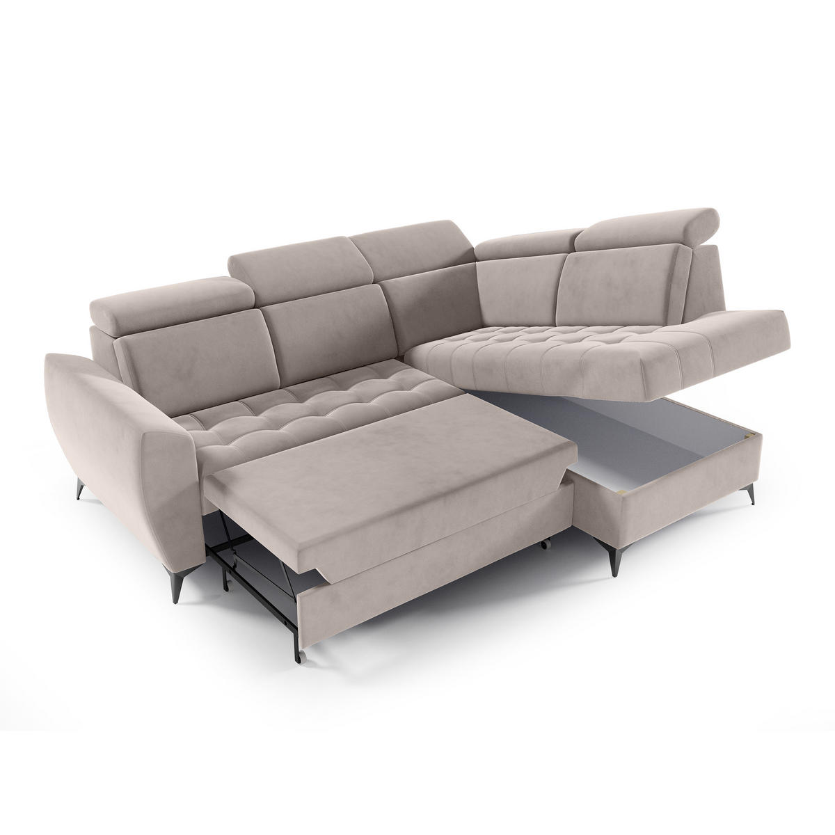 ECKSCHLAFSOFA Aurora II mit verstellbare Kopfstützen, Beige, rechts - Beige/Schwarz, Textil (266/204cm) - Beautysofa