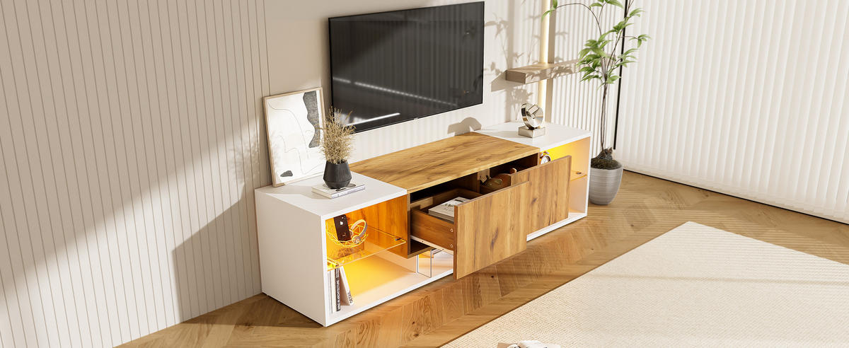 TV-SCHRANK in Weiß/Eicheoptik mit LED und 2 Schubladen 160/40/42 cm - Weiß, Holzwerkstoff (160/42/40cm) - Redom