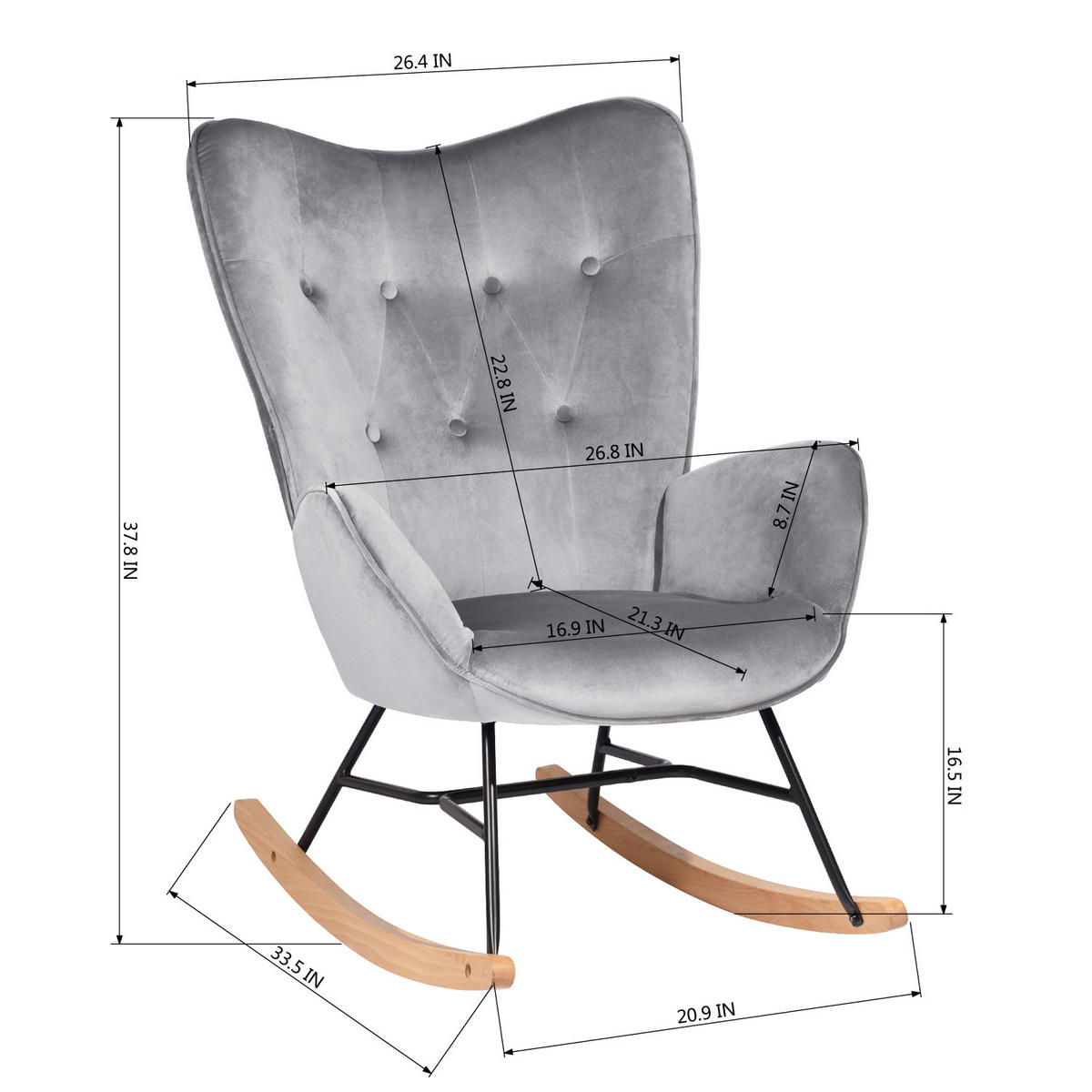 SCHAUKELSESSEL Samt Grau - Eichefarben/Grau, Holz (87/98/68cm) - Urban Meuble