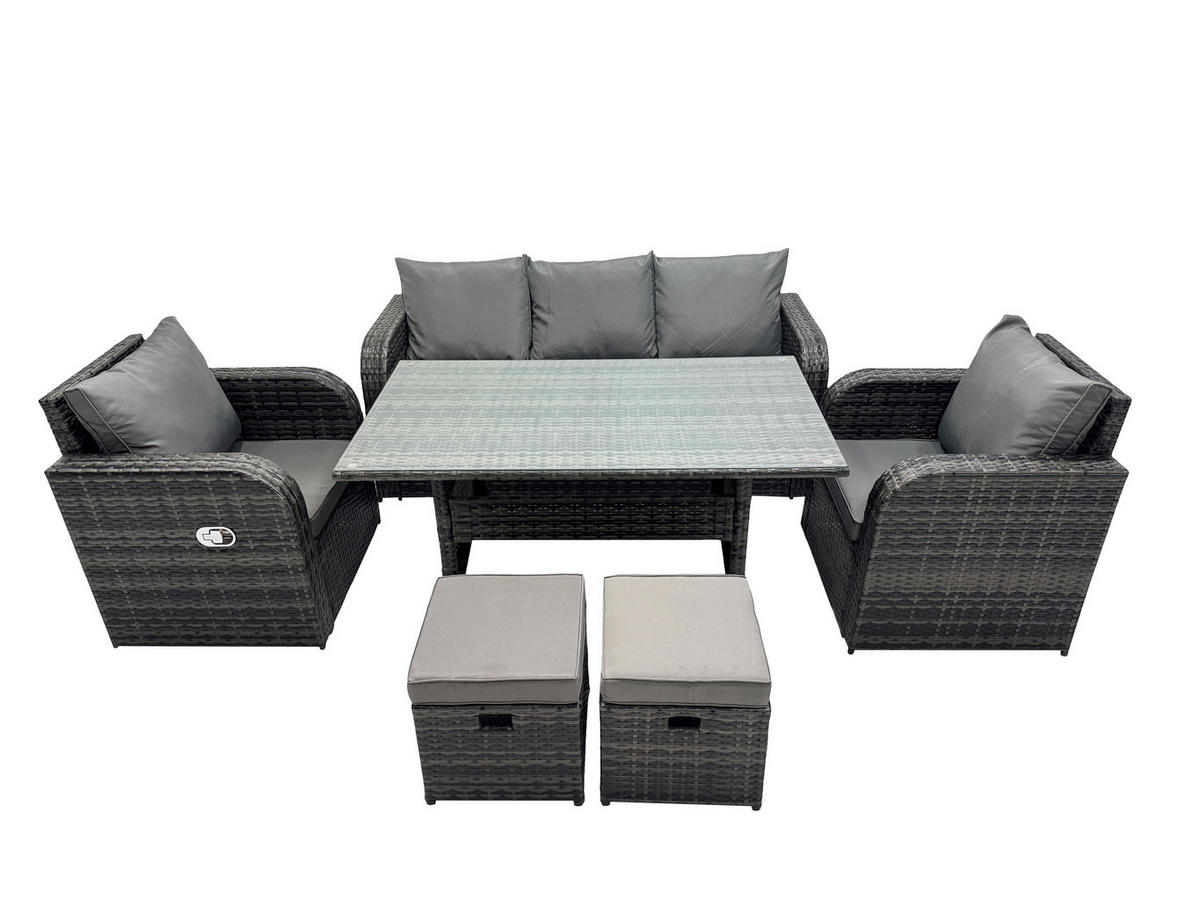 GARTENMÖBELGARNITUR mit Esstisch Polyrattan Dunkelgrau 7-Sitzer - Dunkelgrau/Grau, Glas/Kunststoff - Fimous