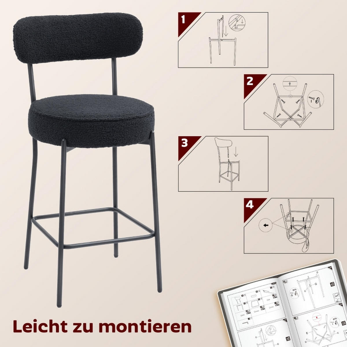 BARHOCKER DE-36051 2er Set mit Fleece-Bezug und Metallrahmen Schwarz - Schwarz, Metall (49/95/52cm) - ComfortXL