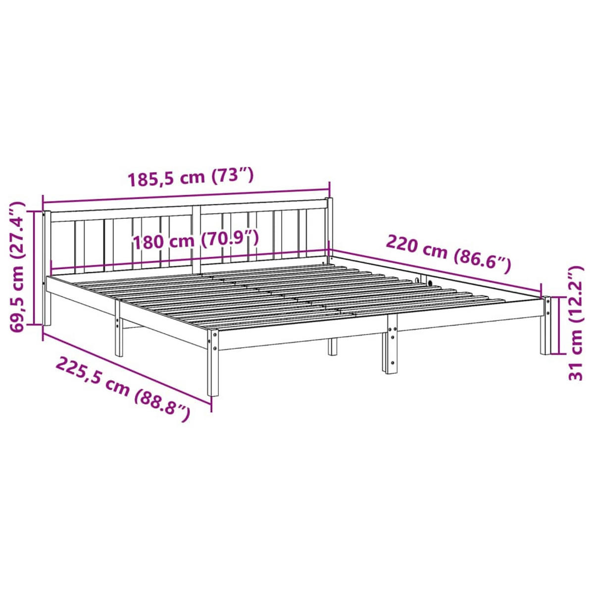 MASSIVHOLZBETT Extra Lang Ohne Matratze 180/220 Kiefernholz - Braun, Holz (180/220cm) - vidaXL