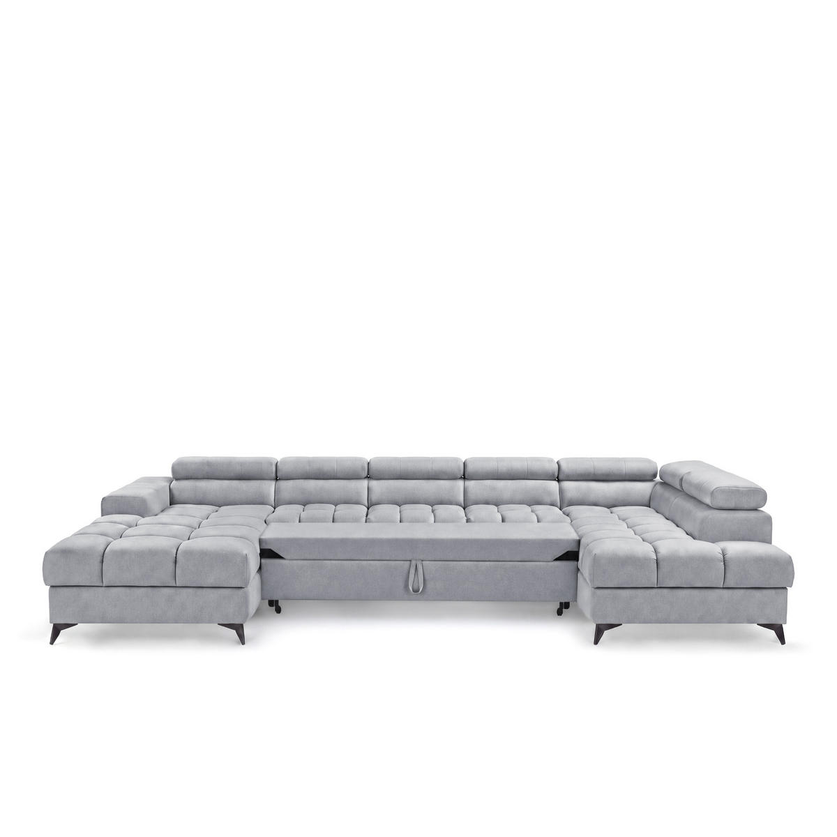 ECKSOFA PUDDING MAXI U Rechts mit Schlaffunktion 125x330 Velours Hellgrau - Hellgrau/Schwarz, Holz/Textil (421/203cm) - Muffo